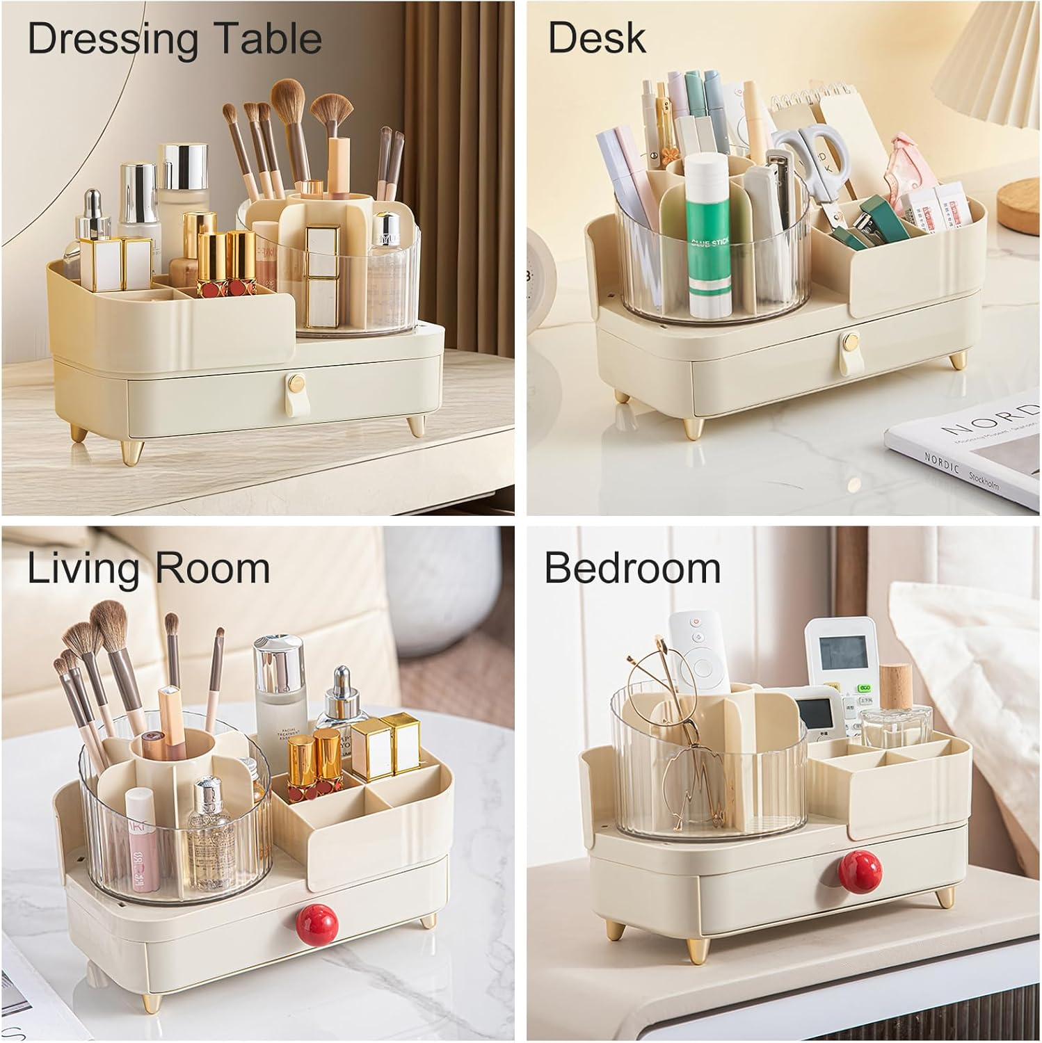 DASITON 360&deg; Rotating Makeup Organizer with Drawers,Large Capacity Cosmetic Display Case,Skincare Organizer with Makeup Brush Holder,Makeup Storage Organizer for Vanity,Desktop,Bathroom (Cream) D1104 image number 4