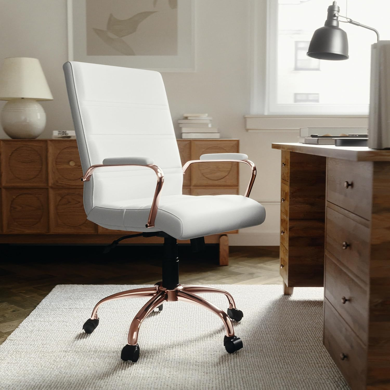 Flash Furniture Mid-Back White Leather Executive Swivel Chair with Rose Gold Frame and Arms image number 2