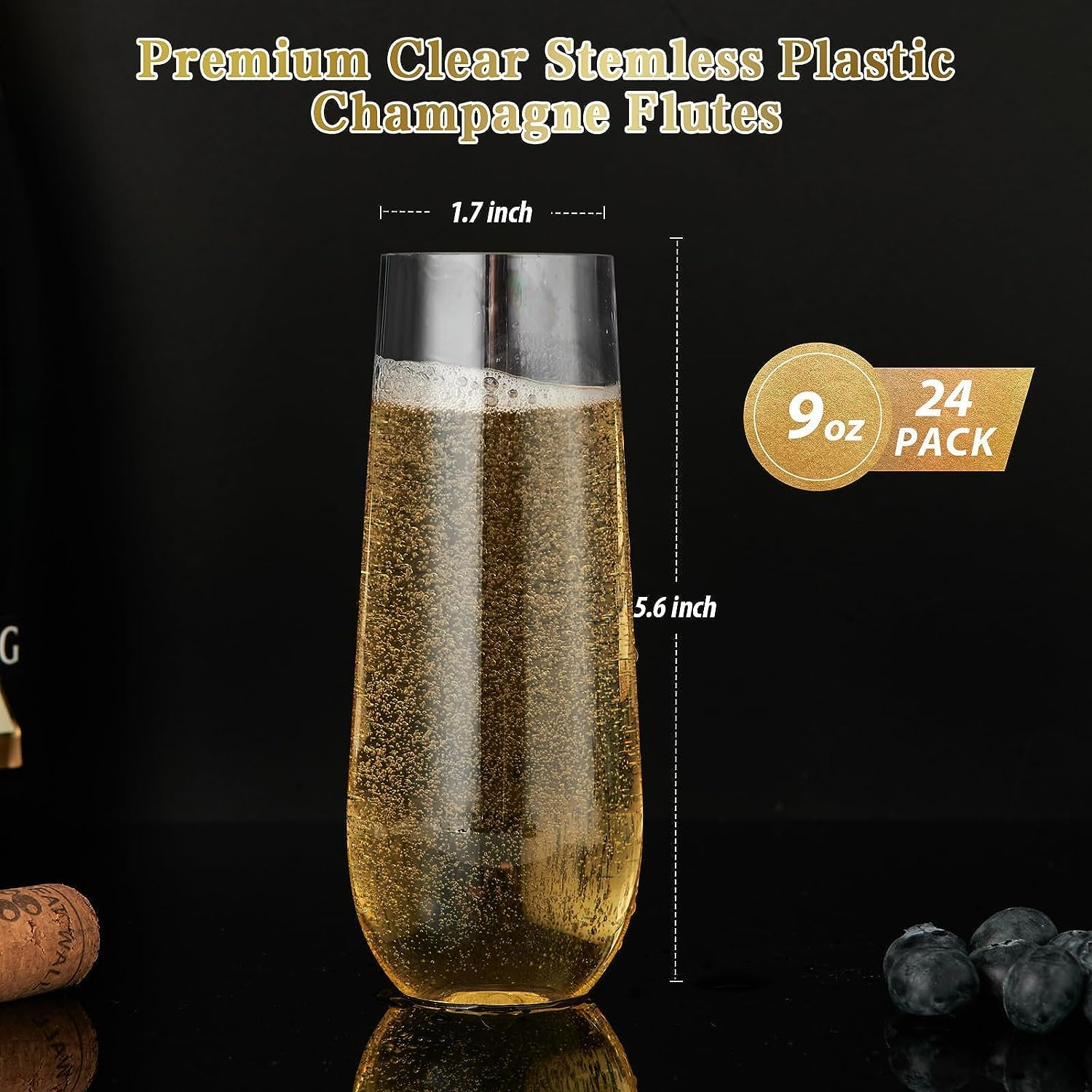 Decostatue Champagne Flutes Set of 24, 9 Oz Clear PET Plastic Champagne Glass Toasting Glasses Cup Stemless and Shatterproof, Recyclable and Bpa-Free image number 2
