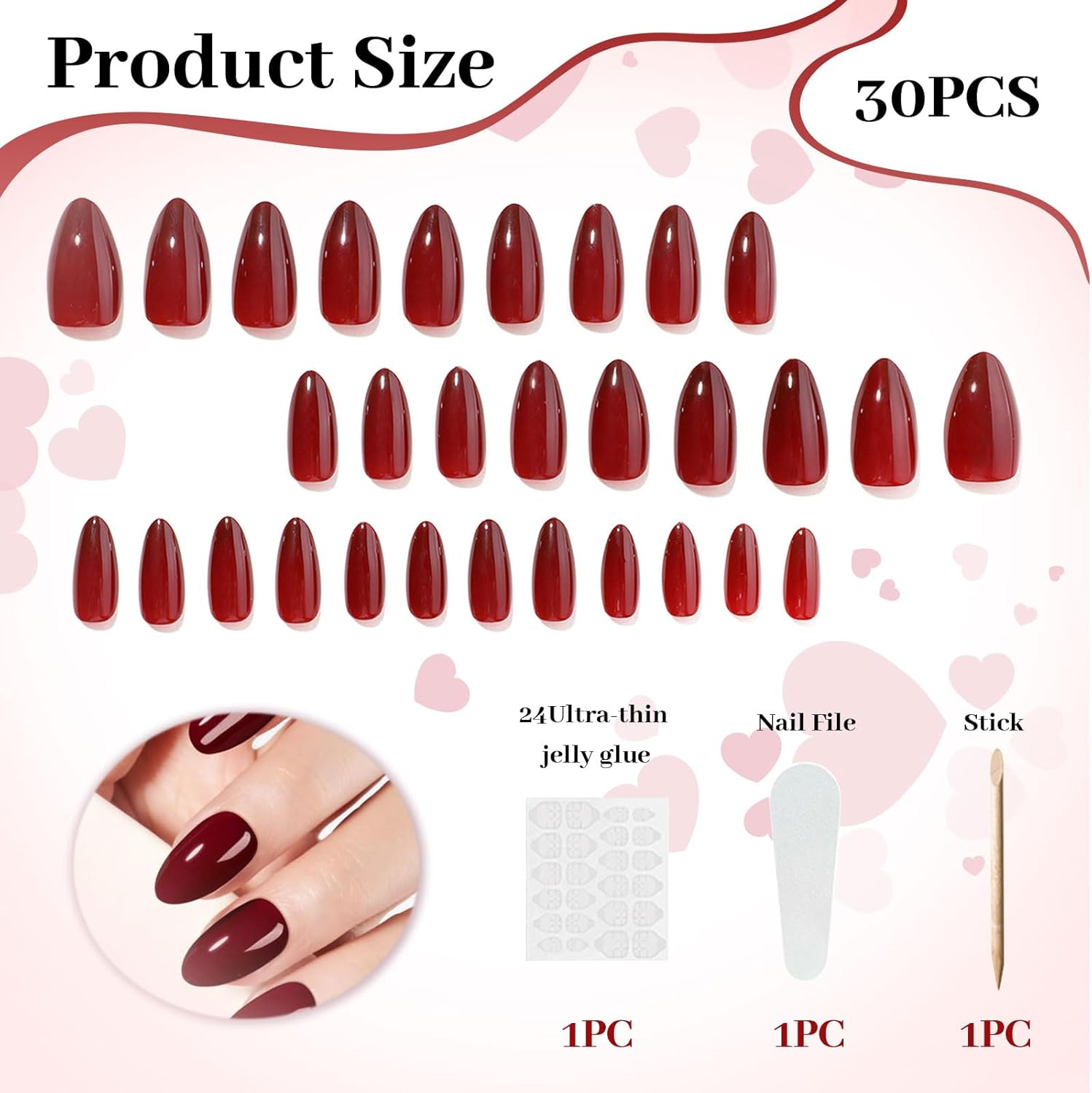 Lunarcharm Set of 30 Wine Red Press-On Nails, Short Almond False Nails, Reusable Nail Set with Nail Glue, Adhesive Tabs and Nail File, Red image number 6