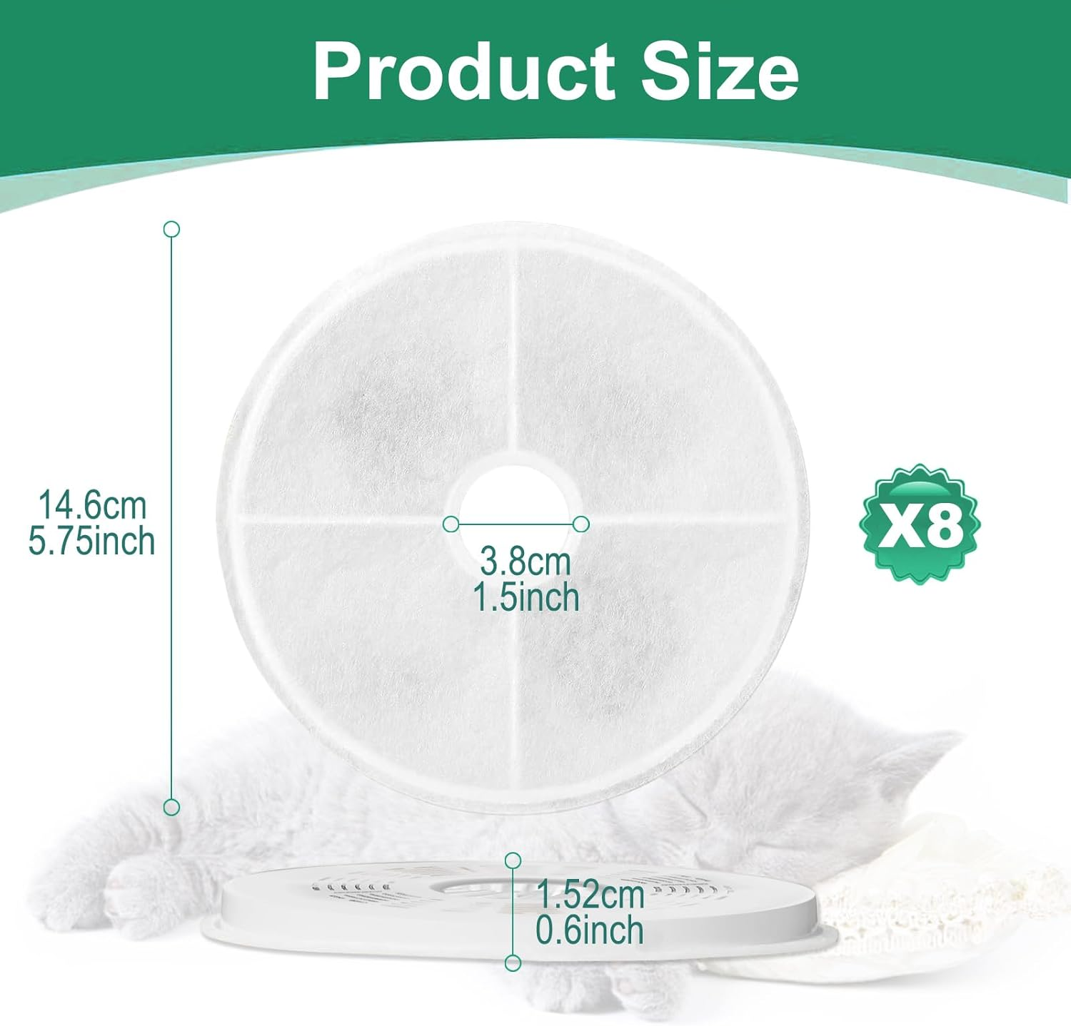 8 Packs Cat Water Fountain Filters, Hantoc Replacement Pet Water Fountain Filters Activated Carbon Filter for 3L/100Oz Cat Fountain 43742W &lrm;43747W &lrm;43725 Cat Fountain with Active Carbon
