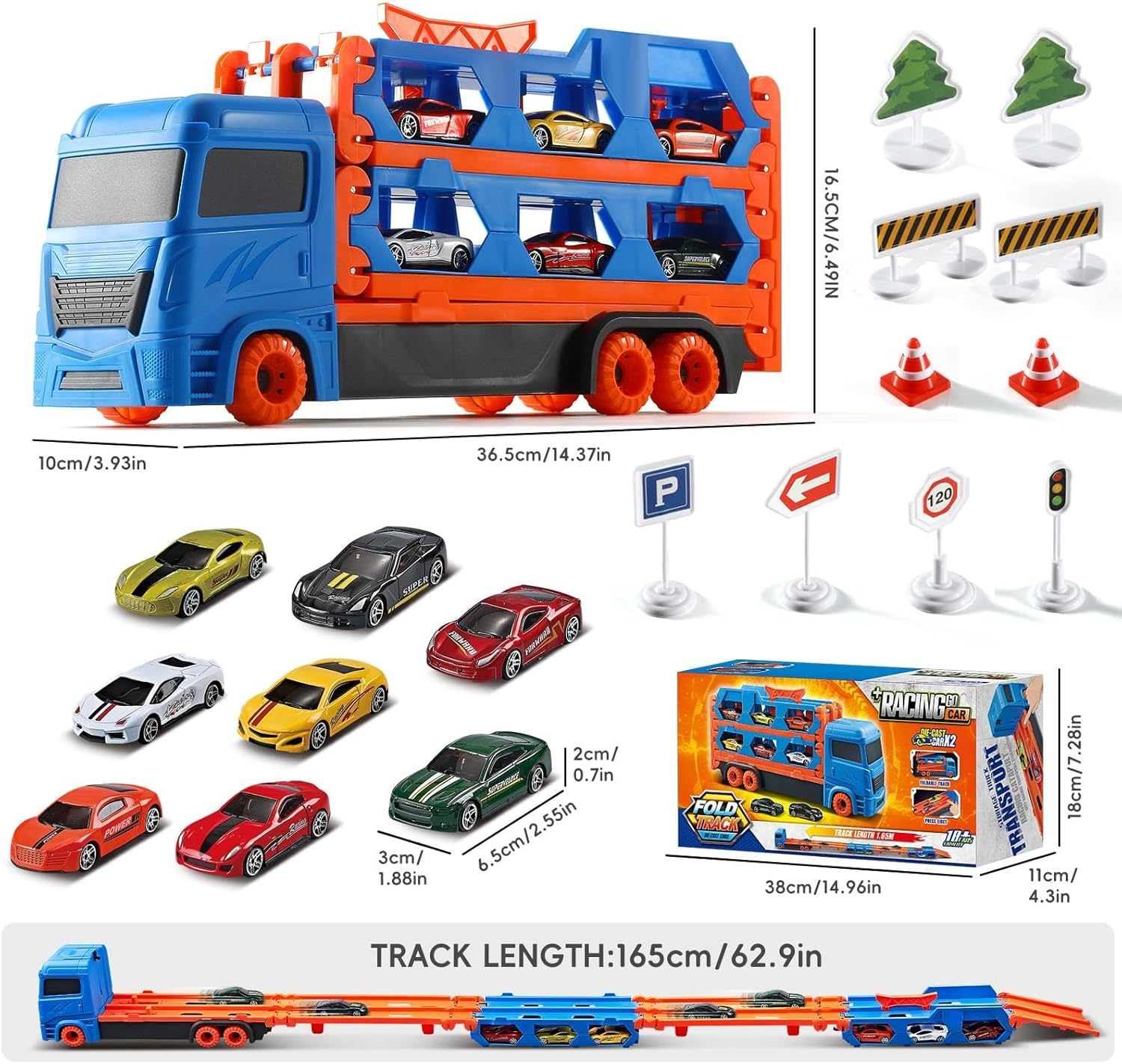 Transport Truck Toy Toddler Car Carrier for Boys Girls, 9 in 1 Race Track and Die-Cast Truck Baby Race Car Toy Vehicles for 3 4 5 Year Old Kids image number 3