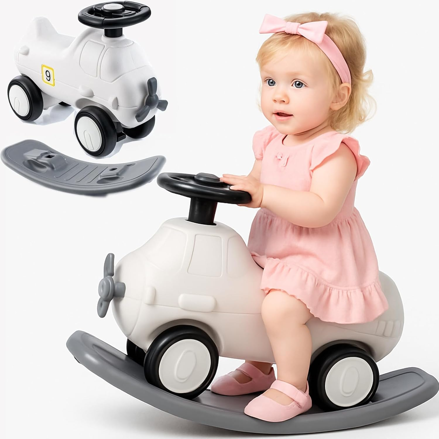 Techshining 3-In-1 Rocking Horse & Ride-On Car with Balance Board, Toddler Rocker with Wheels, 60&deg; Steering, Backrest & Anti-Roll Design for Kids image number 5