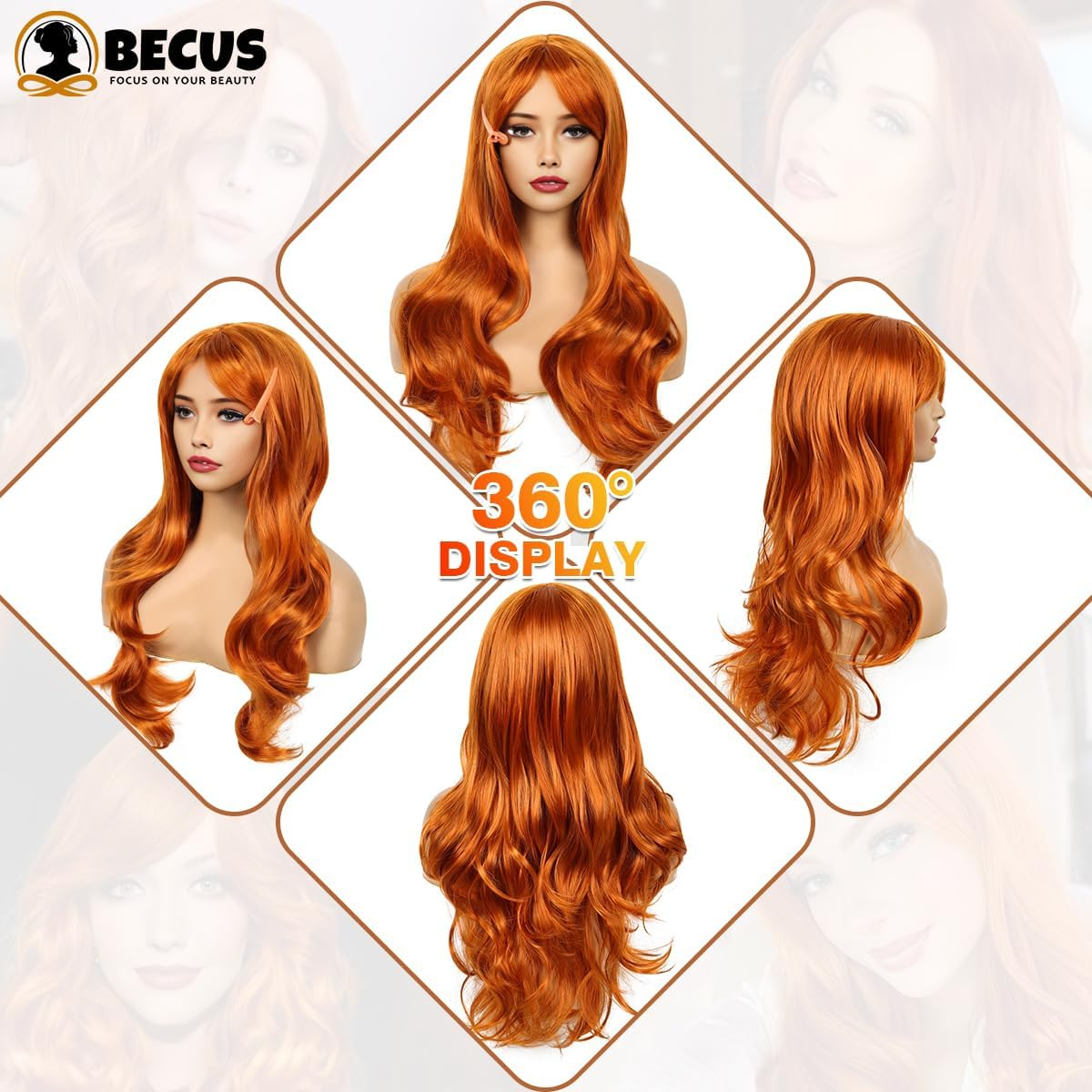BECUS Long Ginger Wigs for Women Orange Wavy Curly Wig with Bangs Synthetic Hair Wig - 1B image number 3