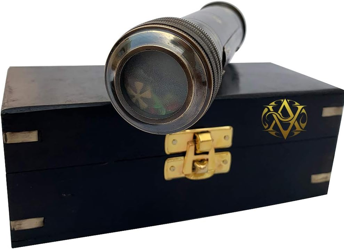 Nautical Gilbert Kaleidoscope with Wooden Box Vintage Prism Brass Toy Antique Brass Finish for Boy/Girl