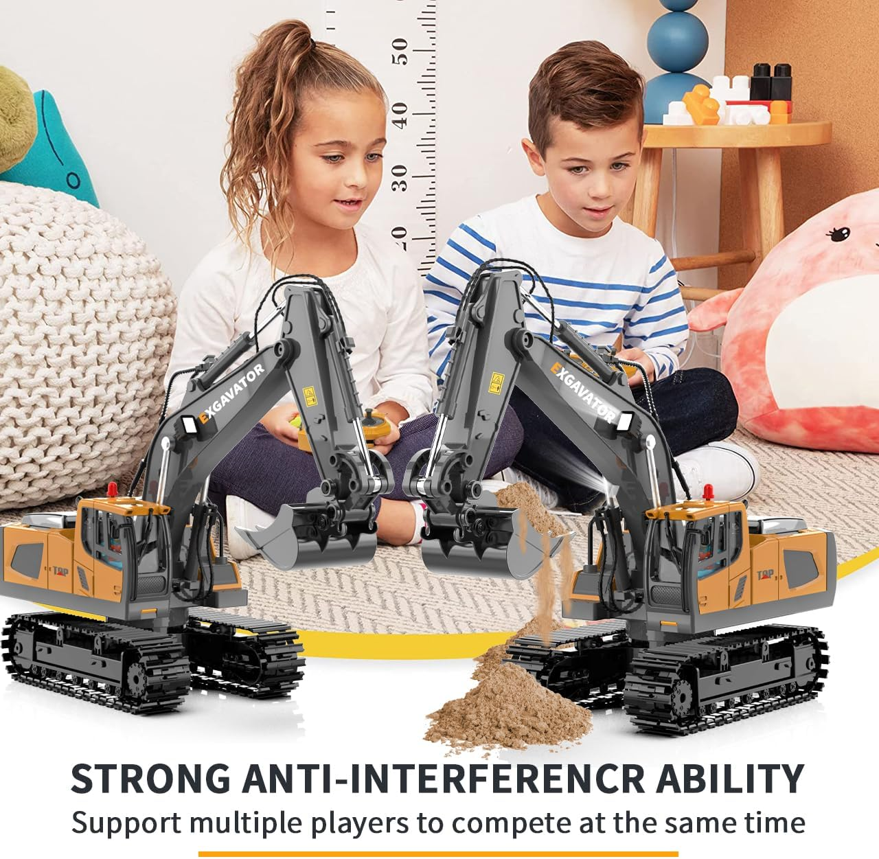 Remote Control Excavator RC Digger Toy for Boys, 11 Channel Hydraulic Turns 680 Degree, Construction Toys with Metal Shovel, Lights, Sounds, 2 Rechargeable Batteries, Yellow image number 5