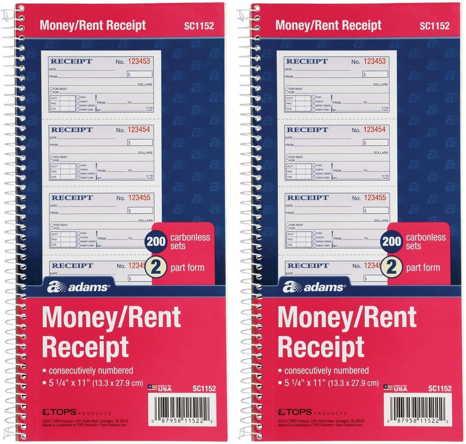Adams Money and Rent Receipt Book, 2-Part Carbonless, 5 1/4 X 11 Inch Detached, Spiral Bound, 200 Sets per Book (SC1152) - Smaller Pack (Pack Of 2)