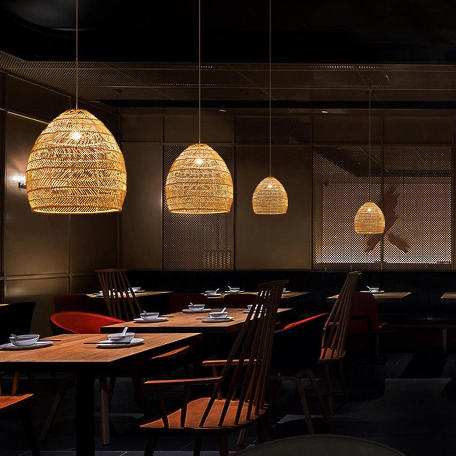 Wyhqgn Japanese Bamboo Pendant Light Shade for Dining Room Lighting Fixtures Hanging Lampshade, Woven Rattan Lampshade for Bar Cafe Living Room, Brown - Brown image number 3