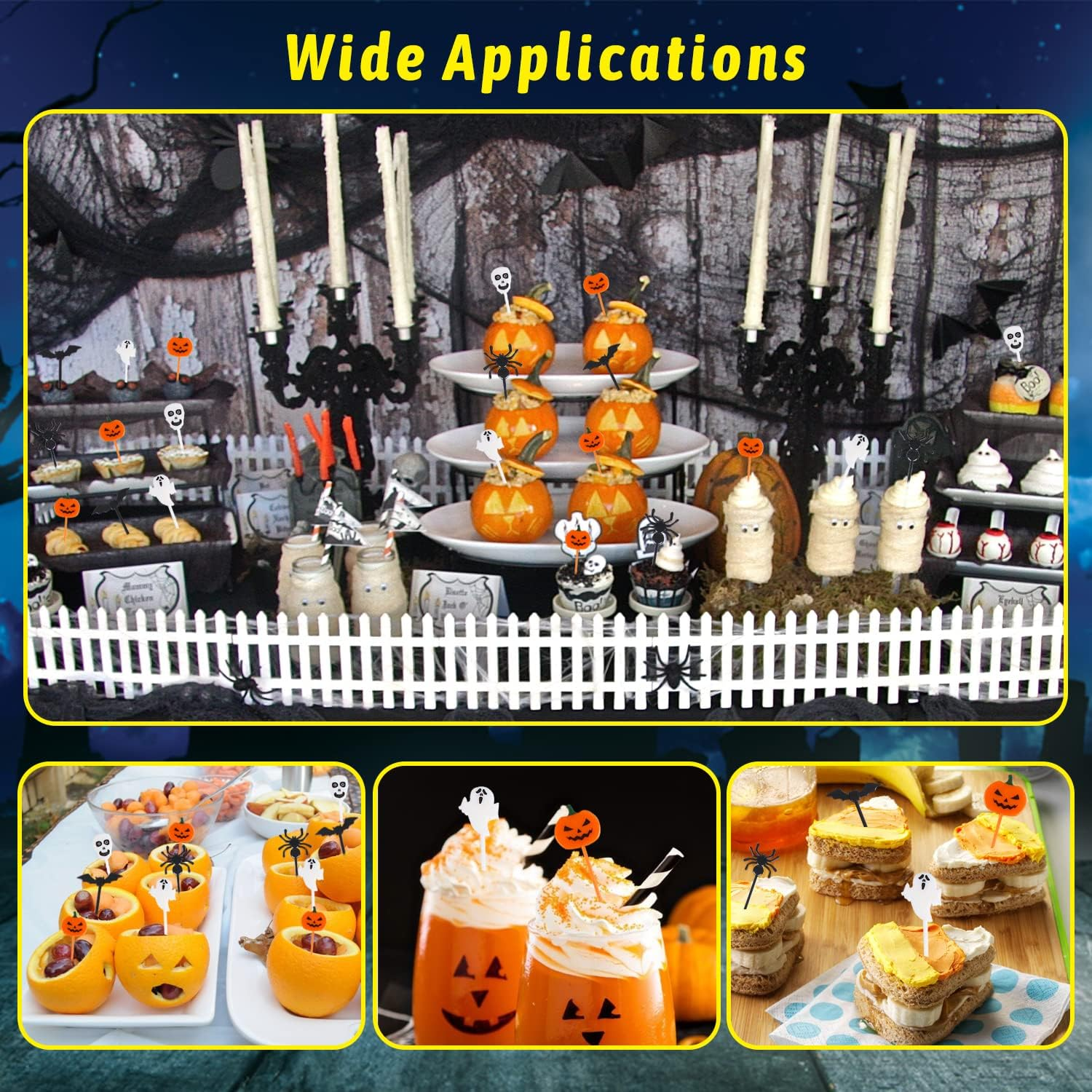 KIMOBER 50PCS Plastic Halloween Cupcake Toppers,Pumpkins,Ghosts,Spiders,Bats,Skeletons Food Picks for Halloween Decorations image number 1