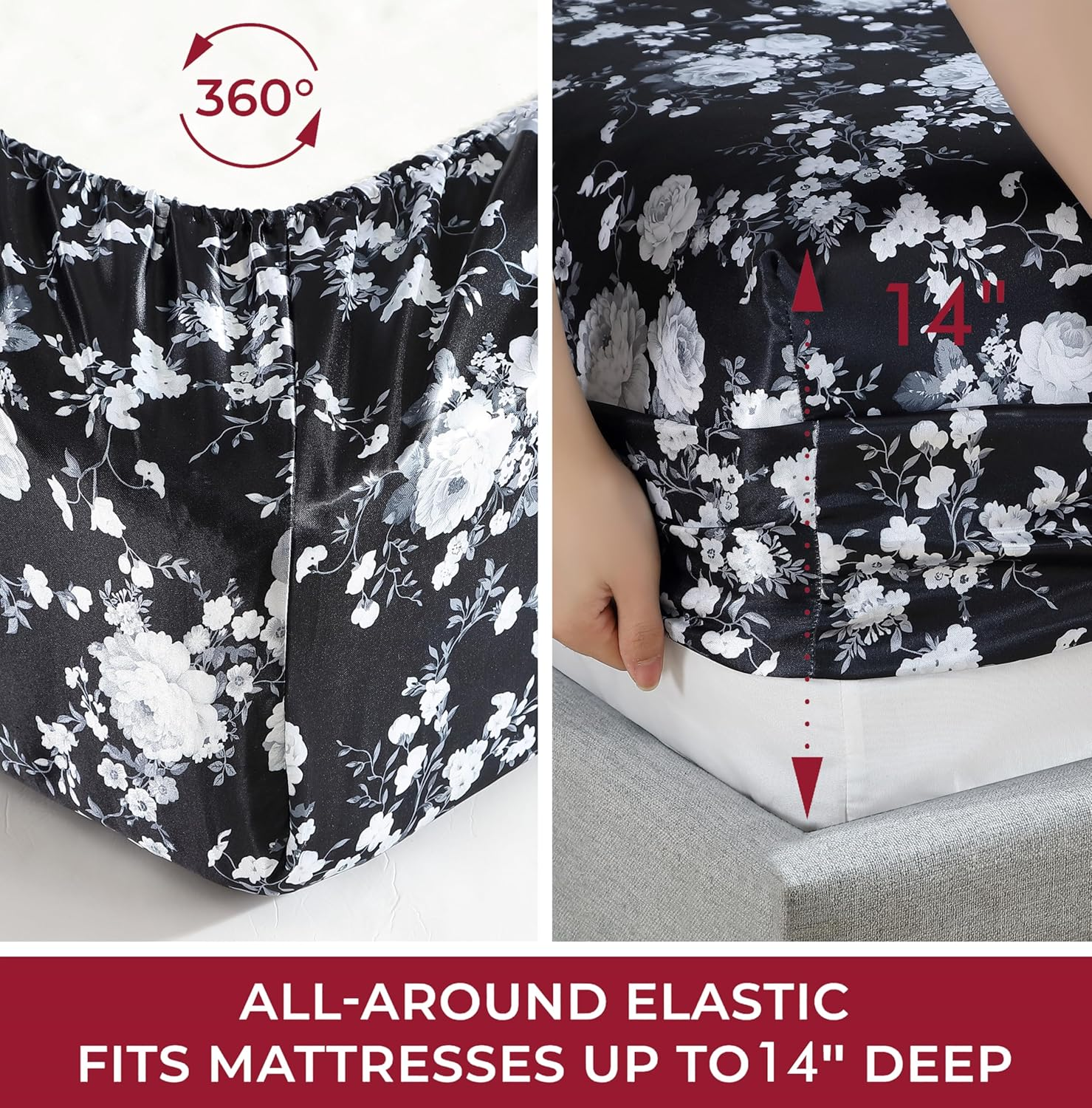 Beatrice Home Fashions 100% Luxury Satin Polyester Bed Sheet Set, Queen Size, Floral Rose Bedding