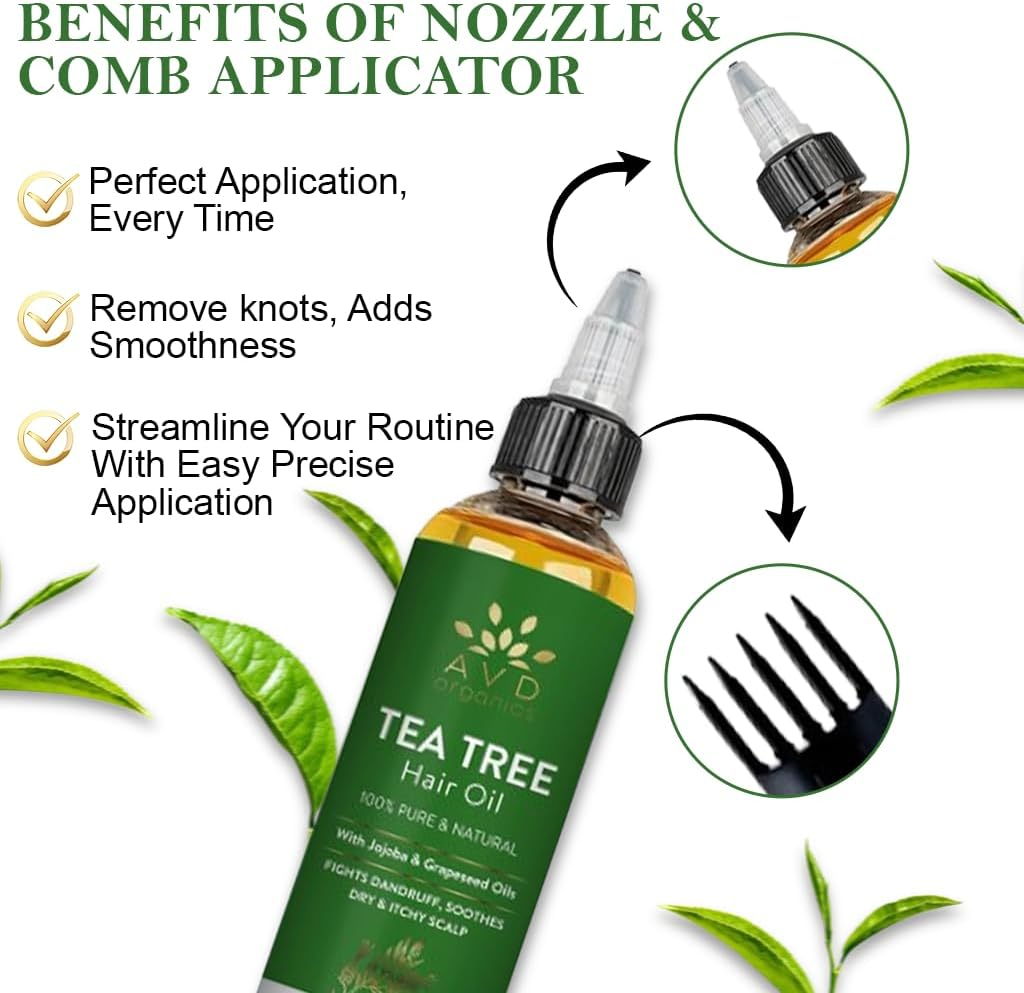 AVD Organics Tea Tree Hair Oil 120 ML | 100% Pure and Natural Tea Tree Hair Oil | Soothes Itchy Scalp | Moisturize Skin Strengthen Hair | Ideal for Both Men and Women | 4 Fl Oz