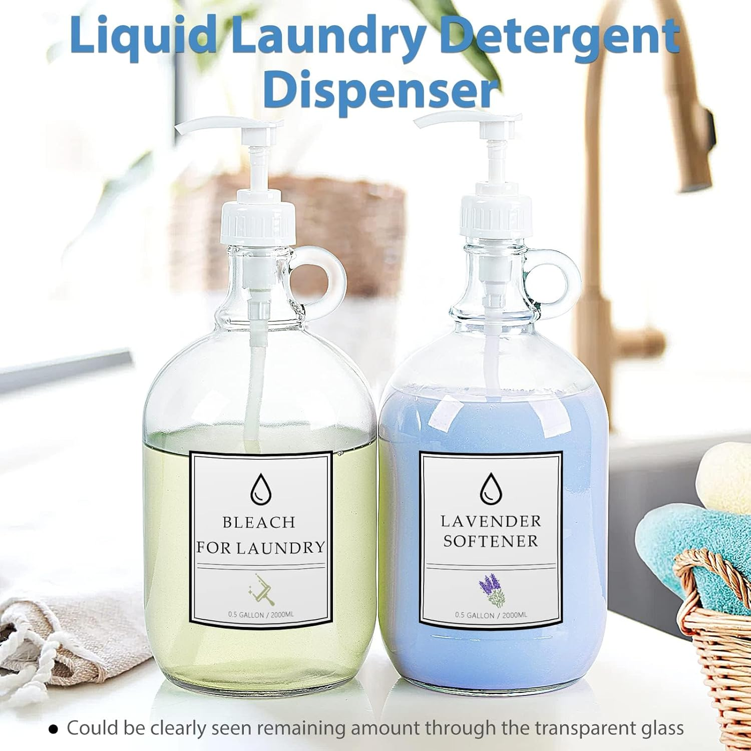 2 Pack 64 Oz Laundry Detergent Dispenser with Pump and Lid - Half Gallon Glass Pump Bottle for Laundry Soap Dispenser, Liquid Detergent, Fabric Softener Dispenser - Extra Label, Funnel image number 2