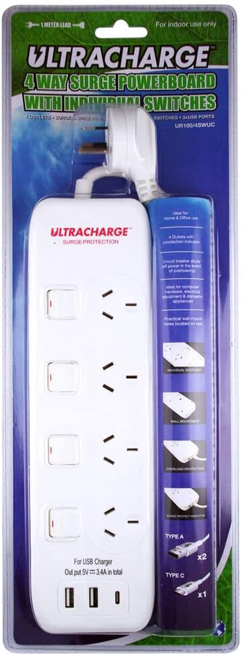 Ultracharge 4 Switch Surge with 3 X USB 3.4A Total Power Board