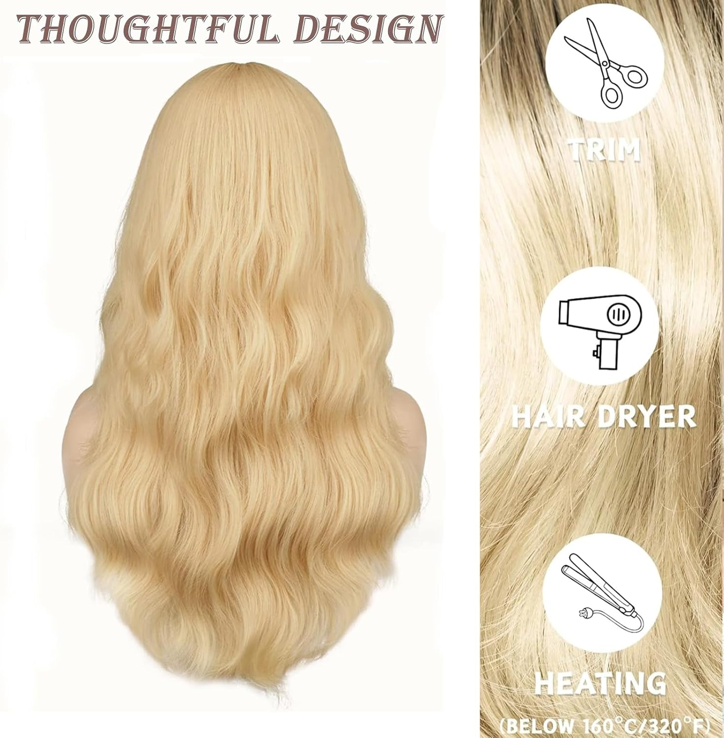 Set of 3 Long Wavy Blonde Wigs for Women and Girls, 28 Inch Long Curly Full Hair Wavy Heat Resistant Wig Cosplay Costume Charming Wig for Daily Carnival Fancy Dress (2 Hair Nets) image number 3