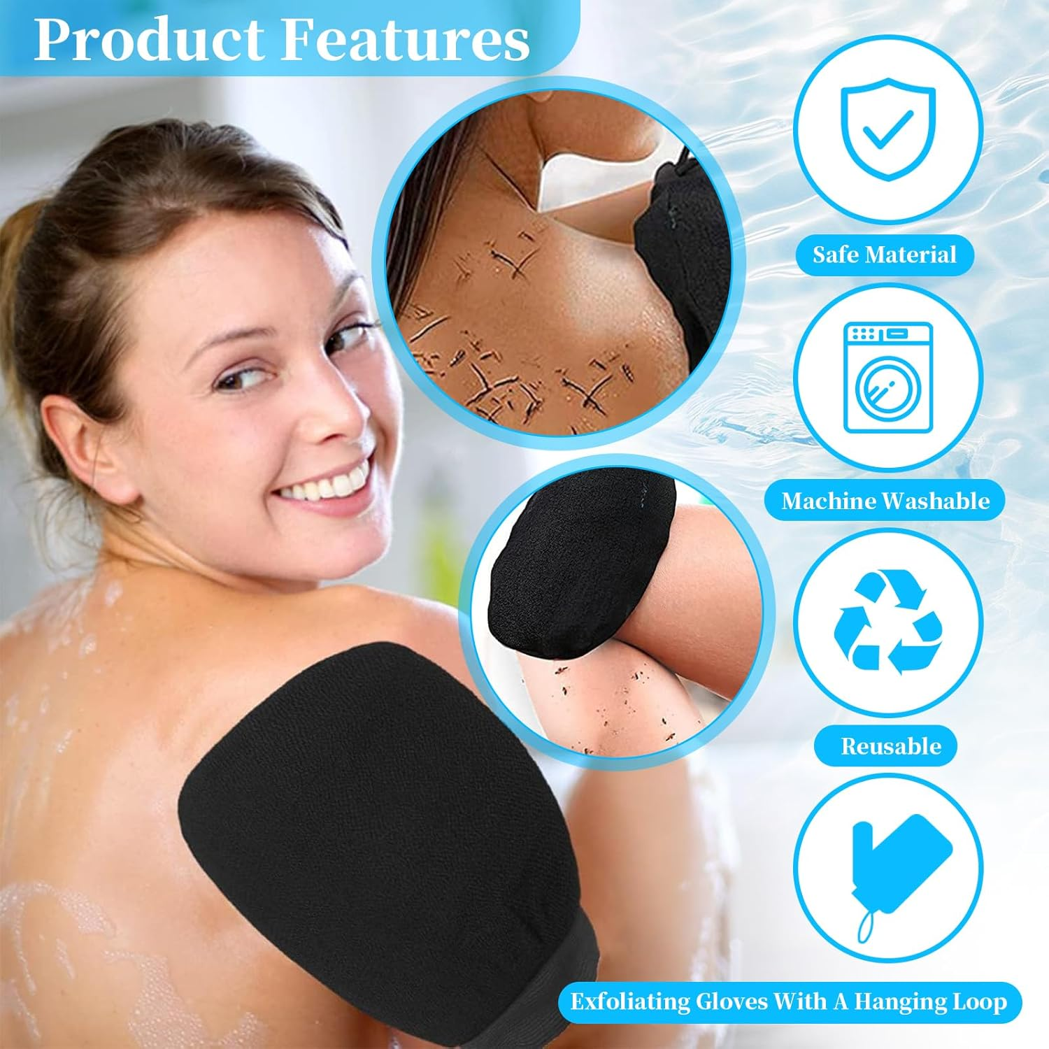 4 PCS Exfoliating Gloves, Bath Glove for Deep Cleansing Body, Dual-Sided Exfoliating Gloves for Effective Dead Skin Removal, Suitable for All Skin Daily Skincare, Clean Pores, Unisex (Black, 15X21Cm) image number 4
