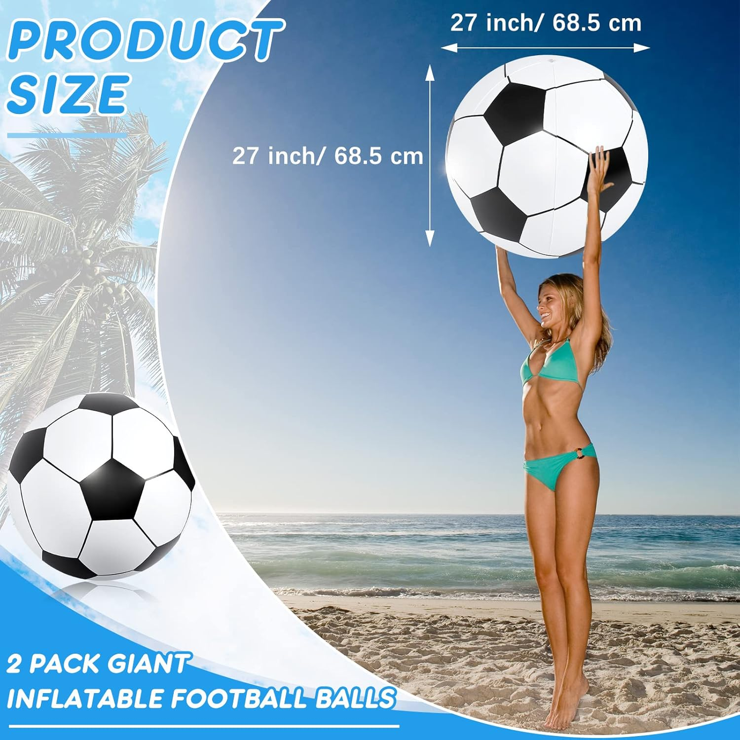 Lewtemi 27 Inch Large Inflatable Soccer Ball Giant Soccer Ball Inflatable Large Soccer Beach Ball Giant Inflatable Balls Inflatable Sports Balls for Outdoor Game Pool Decoration Toys image number 3