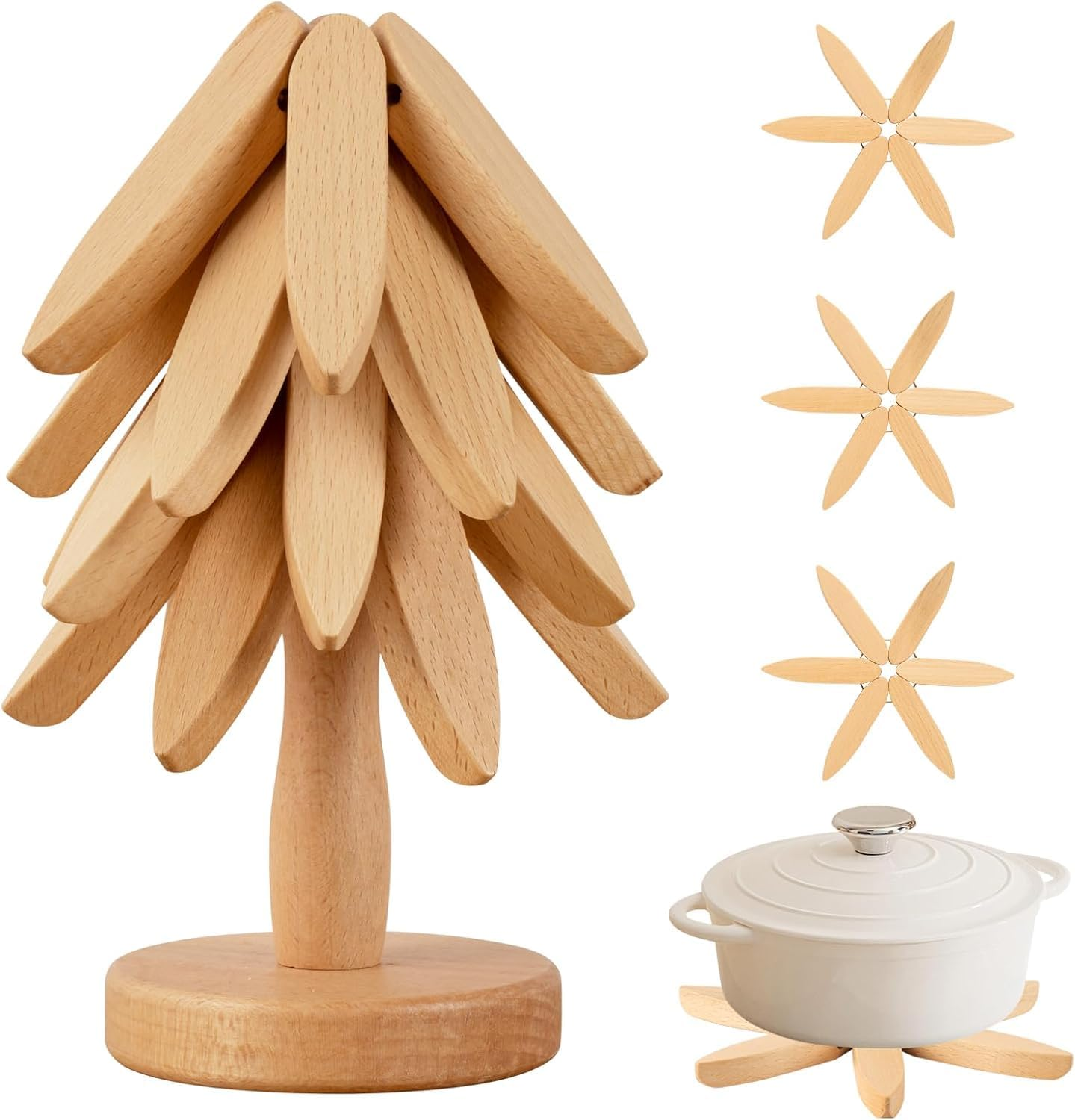 Wooden Trivets for Hot Dishes,Tree Shape Trivet Set,Natural Foldable Kitchen Wooden Trivet,For Hot Dishes、Pot、Bowl、Teapot、Hot Pot Holders (Beech) image number 2