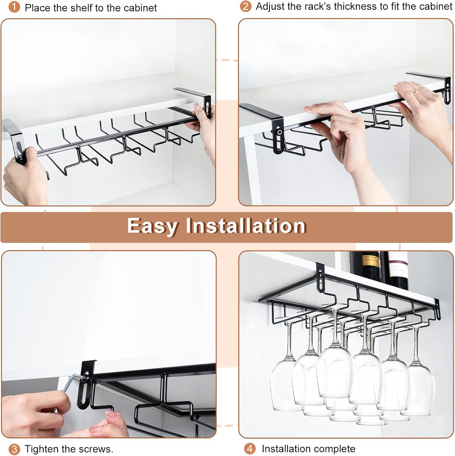 Wine Glass Rack under Cabinet, AUHOKY Heart-Shaped Stemware Holder Metal Wine Glass Organizer Glasses Storage Hanger, Wine Cup Display Stand for Kitchen Bar (Black 4)