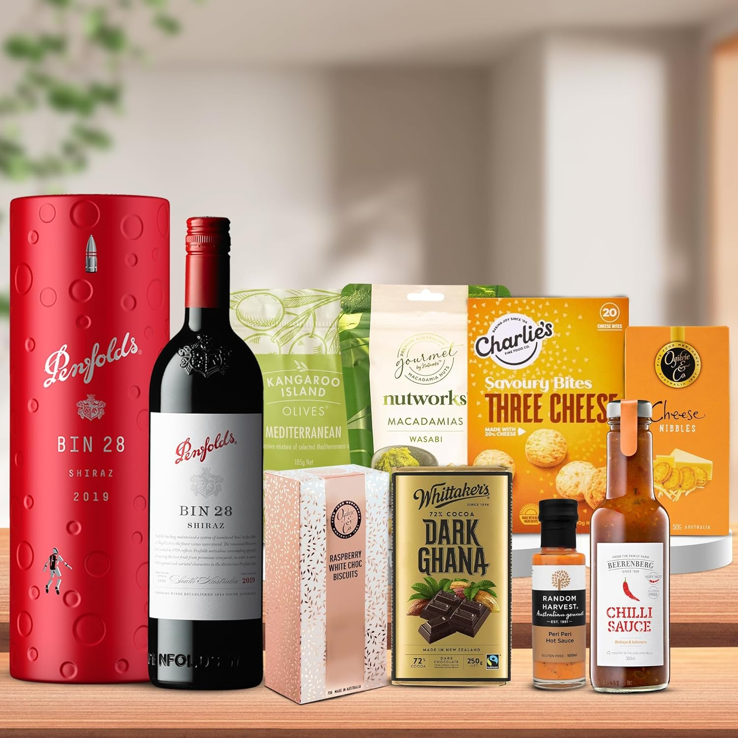 Luxury Gourmet Wine Hamper, Perfect Birthday or Thank You Gift, Quallity Selection with Shiraz, Chilli & Peri Peri Sauces, Cheese Nibbles, Dark Almond Treats image number 3