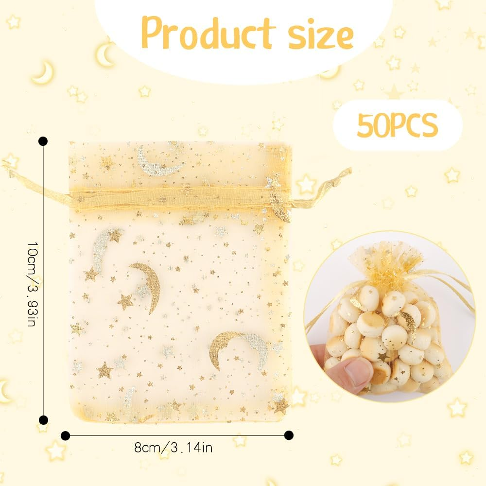 Stars and Moon Drawstring Organza Bags,50Pcs Golden Organza Gift Bags,Sheer Mesh Pouches for Jewelry Candy Presents Wedding Party Festival Favour Makeup Birthday Halloween Christmas Wrapping Supplie - Golden image number 1