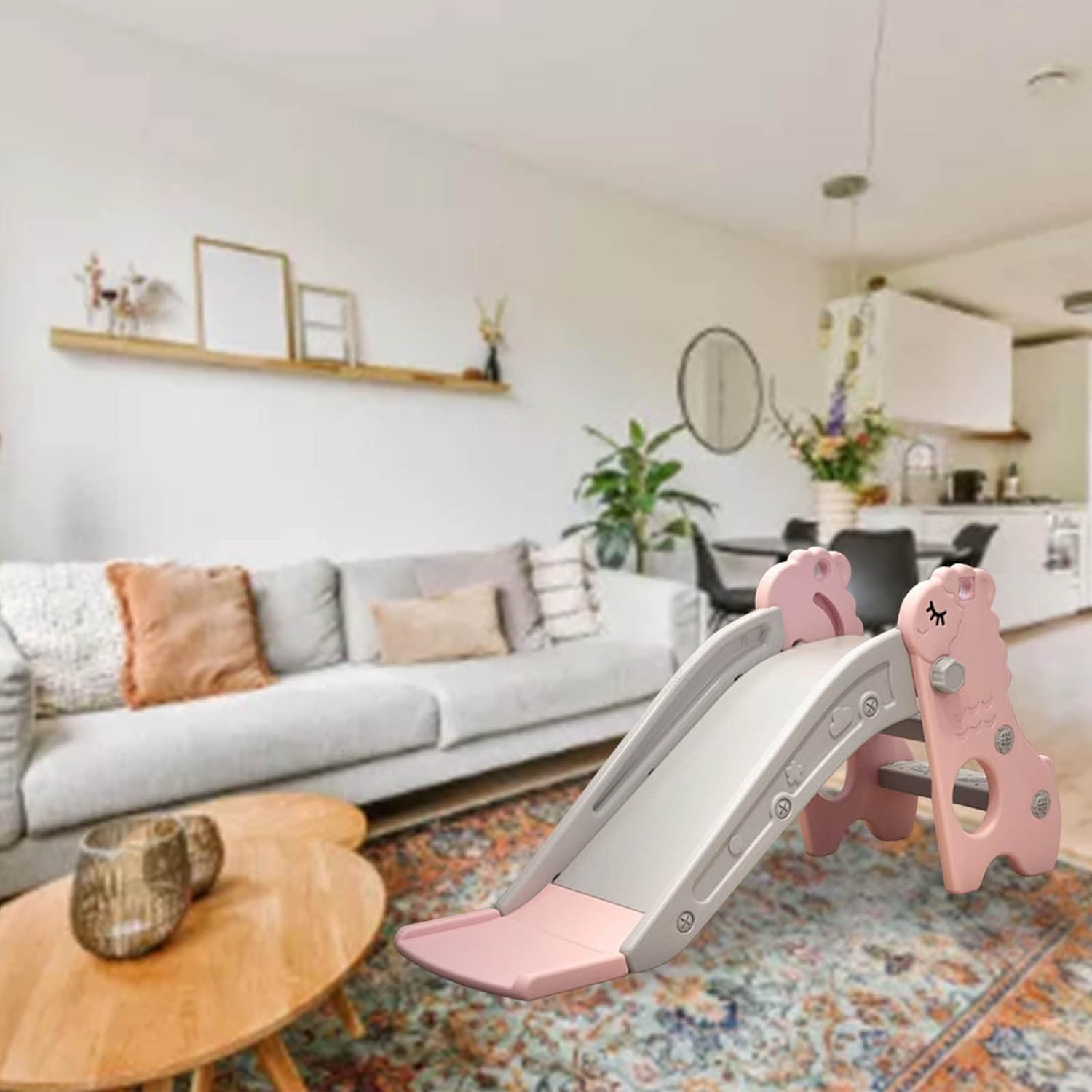 Kids Indoor Sliding Slide - Freestanding Foldable Slide Toy with Stable Base & Non-Slip Steps for Home, Compact 108X35X50Cm (Pink Gray) image number 6