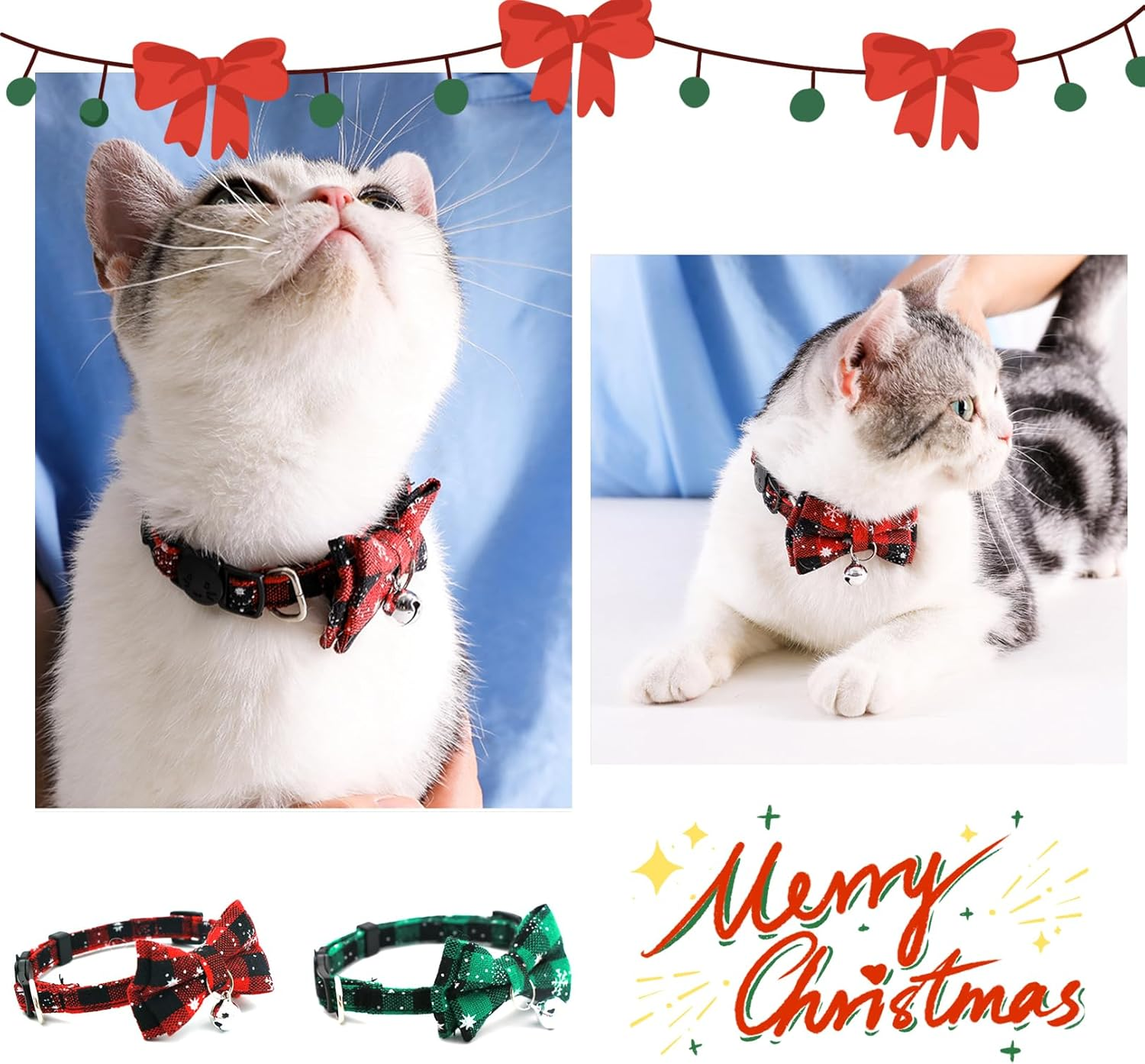 2Pcs Christmas Cat Bow Tie Collars with Bells, Adjustable Cat Collars with Quick Release Buckles, Christmas Red Green Plaid Kitten Collars Bow Ties, Cat Dog Pet Christmas Outfit Costume Accessories