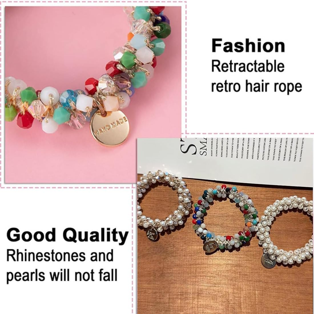 Pack of 3 Hair Bobbles with Beads, Elastic Ponytail Holder Headbands, Crystal Hair Bobbles, Women'S Scrunchies, Hair Accessories for Women, Girls, Ladies, Children image number 4