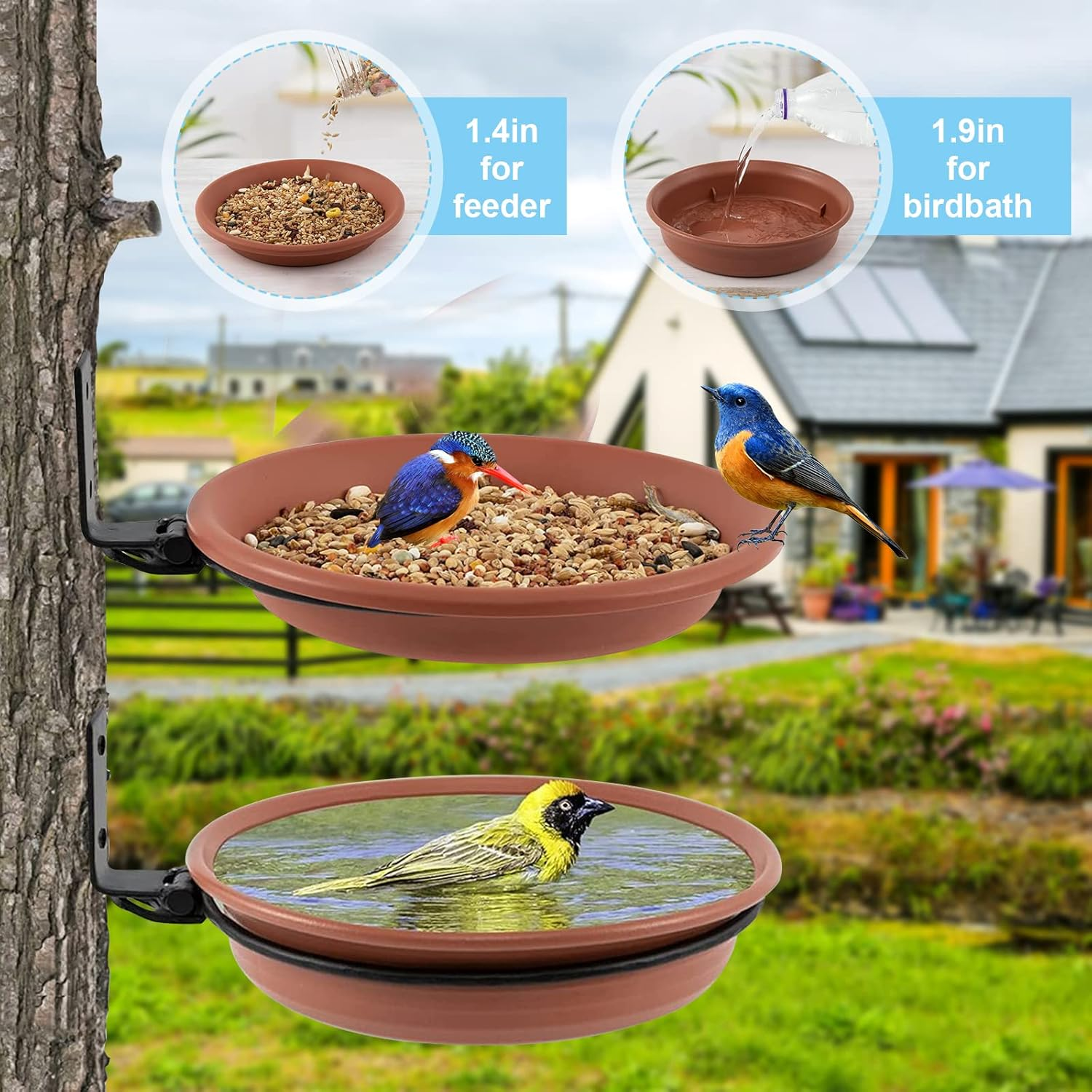 2 Packs Wall Mounted Bird Feeder, Multifunctional PP Garden Bird Bath Tray with Iron Brackets, Space Saving Foldable Bird Feeding Tray for Sparrows image number 2
