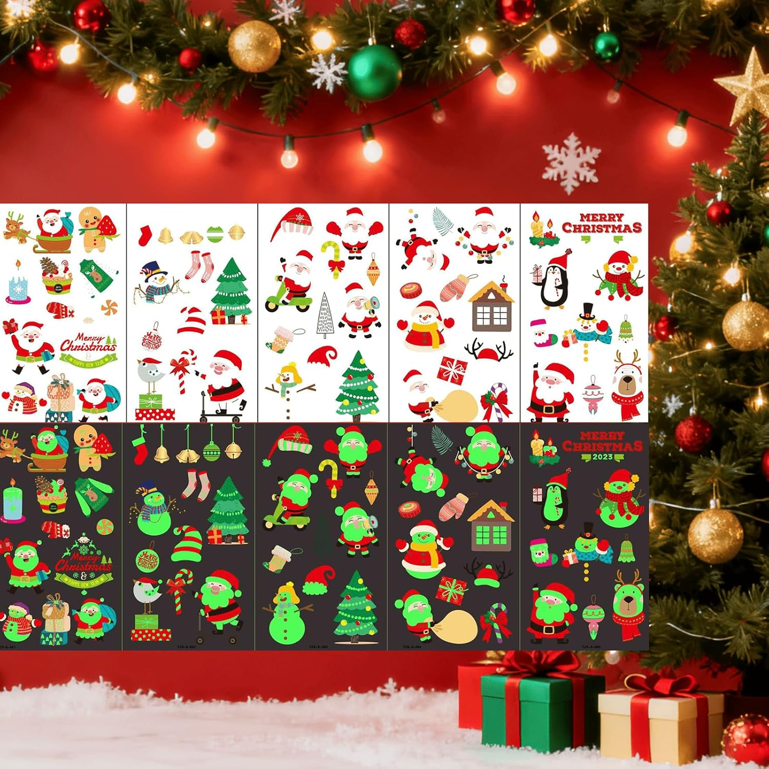Luminous Christmas Temporary Tattoos 10 Sheets, 120 Pcs Glow in the Dark Xmas Body Stickers, Waterproof Holiday Decorative Tattoos, Party Decoration Accessories