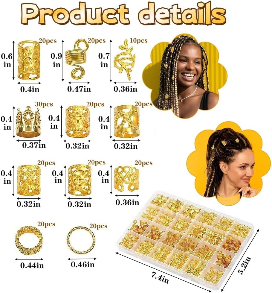 220 Pcs Gold Dreadlock Beads and Hair Cuffs Set, Decorative Hair Accessories Kit with Spiral Coils and Braiding Rings
