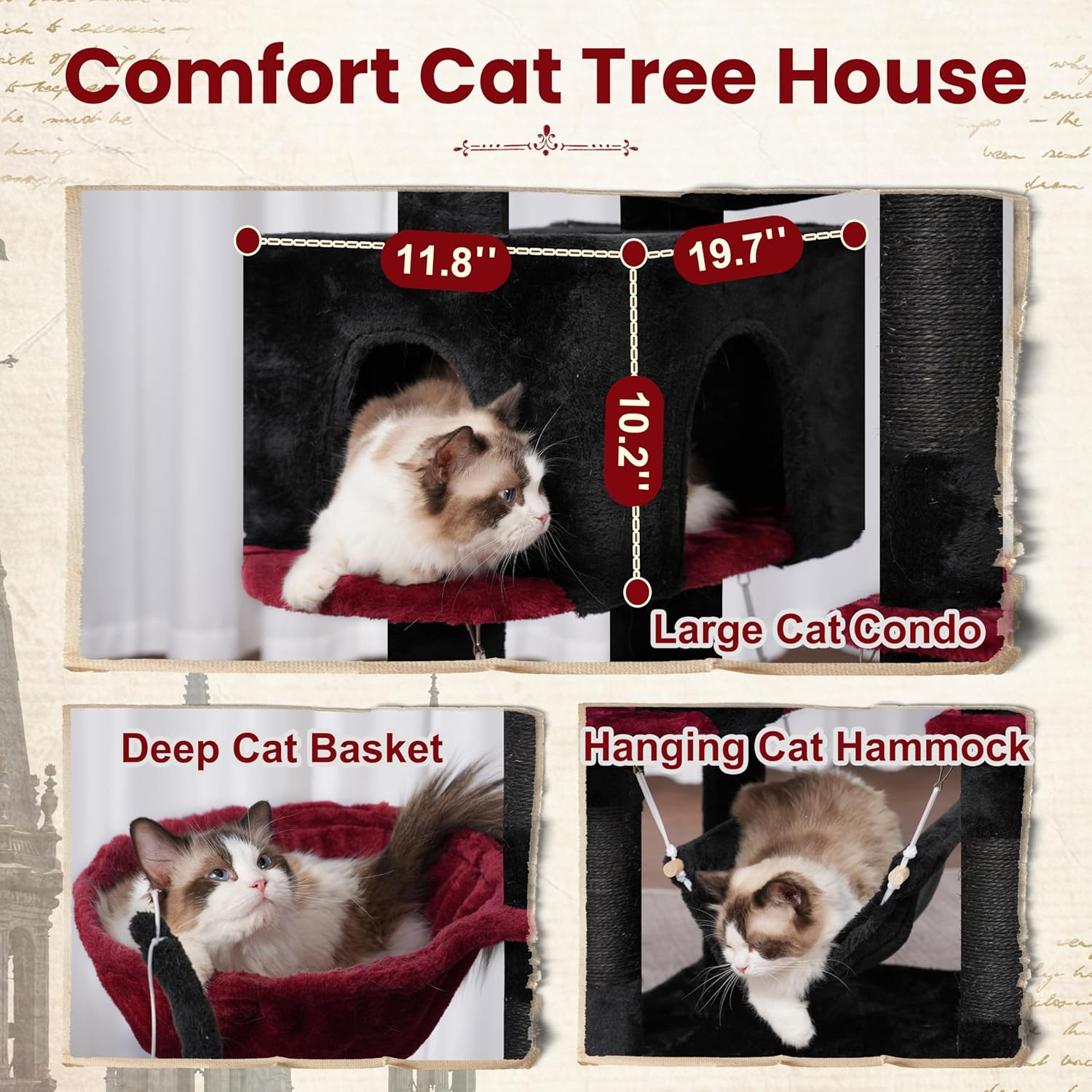 Gitelsnour Cat Tree, Cat Tower for Large Cats with 2 Big Platforms, 2 Baskets, Condo and Toys, 160Cm Cat Scratching Posts for Indoor Cats, Black and Red GCT020BR - Light Gray image number 7