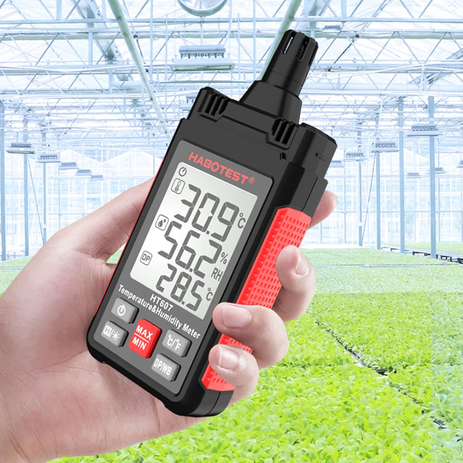 HT607 Digital Hygrometer Handheld Temperature&Humidty Meter Thermo-Hygrometer LCD Thermometer Hygrometer Psychrometer Wet Bulb Dew Point Temperature Humidity Detector with Max/Min/Data