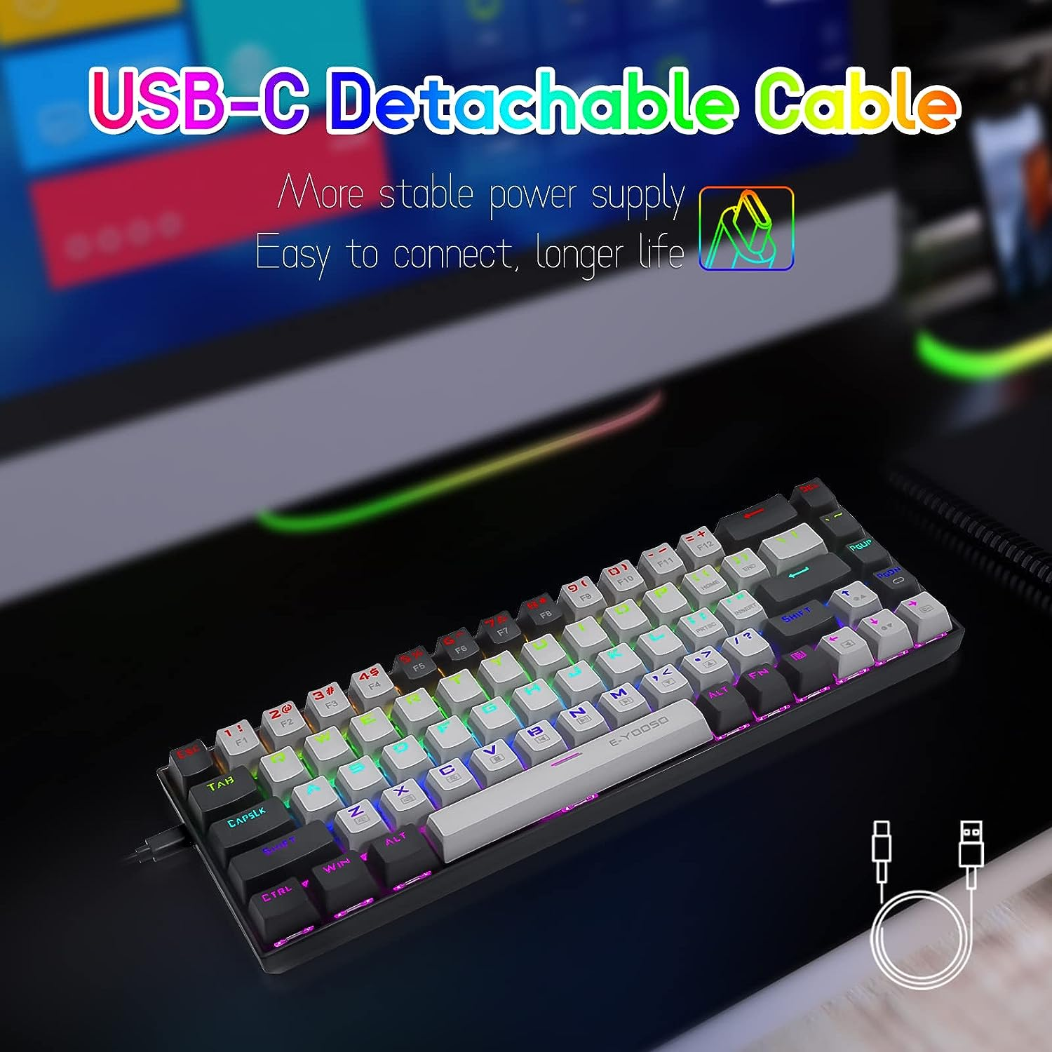 HUO JI 65% RGB Gaming Keyboard, E-YOOSO Z-686 Wired 68 Keys Mechanical Keyboard, Linear Red Switches, Pro Software Supported, Detachable USB-C Cable, Separate Arrow Keys - Grey/Black image number 5