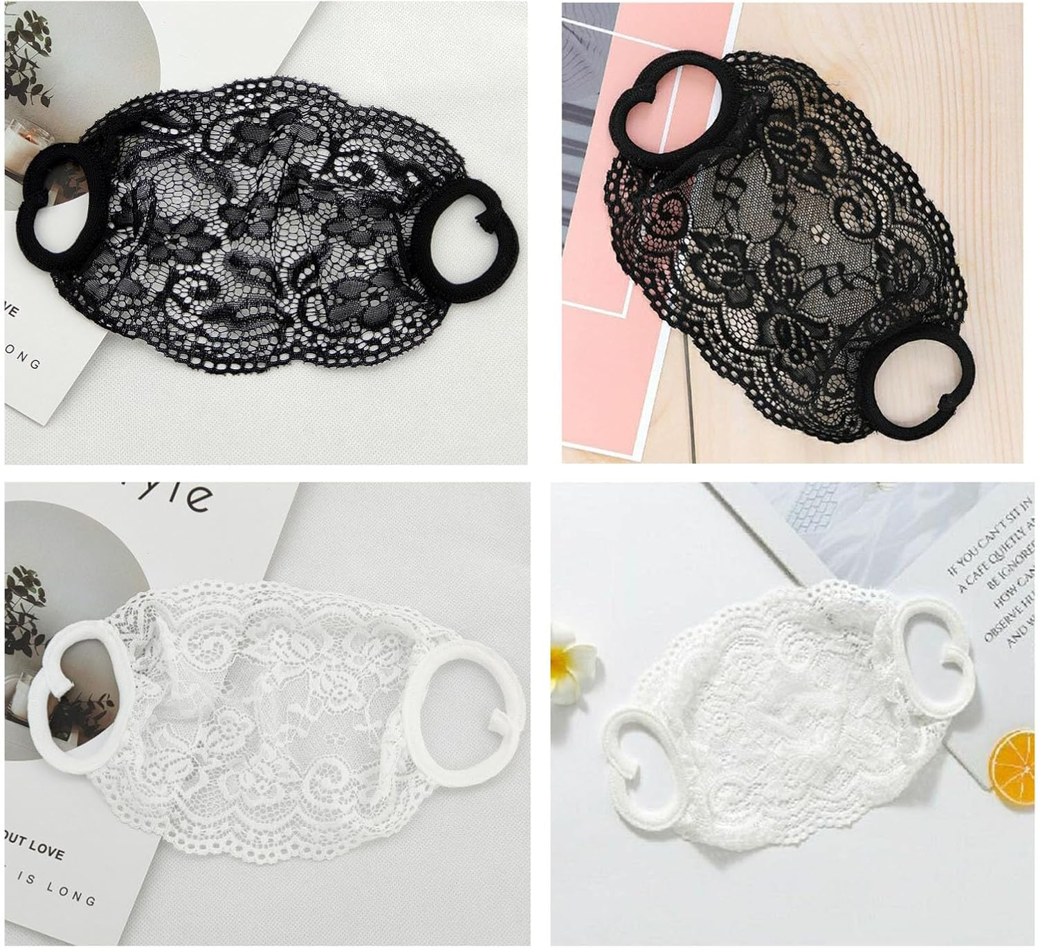 Deahea 2 Pack Single Layer Lace Mask Sunscreen Masks Mesh Hollow Face Shield Mask Half Face Cover Travel Mask for Women and Girls(Black+White) image number 6