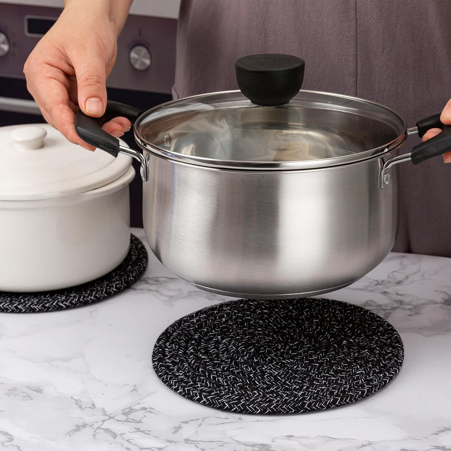 Trivets for Hot Dishes, Large Trivet for Hot Pots and Pans 8 Inches, Hot Pads for Kitchen Table, Coasters Cotton Mat to Protect Counter, Cooking Potholder (Black 5 Pcs) image number 1