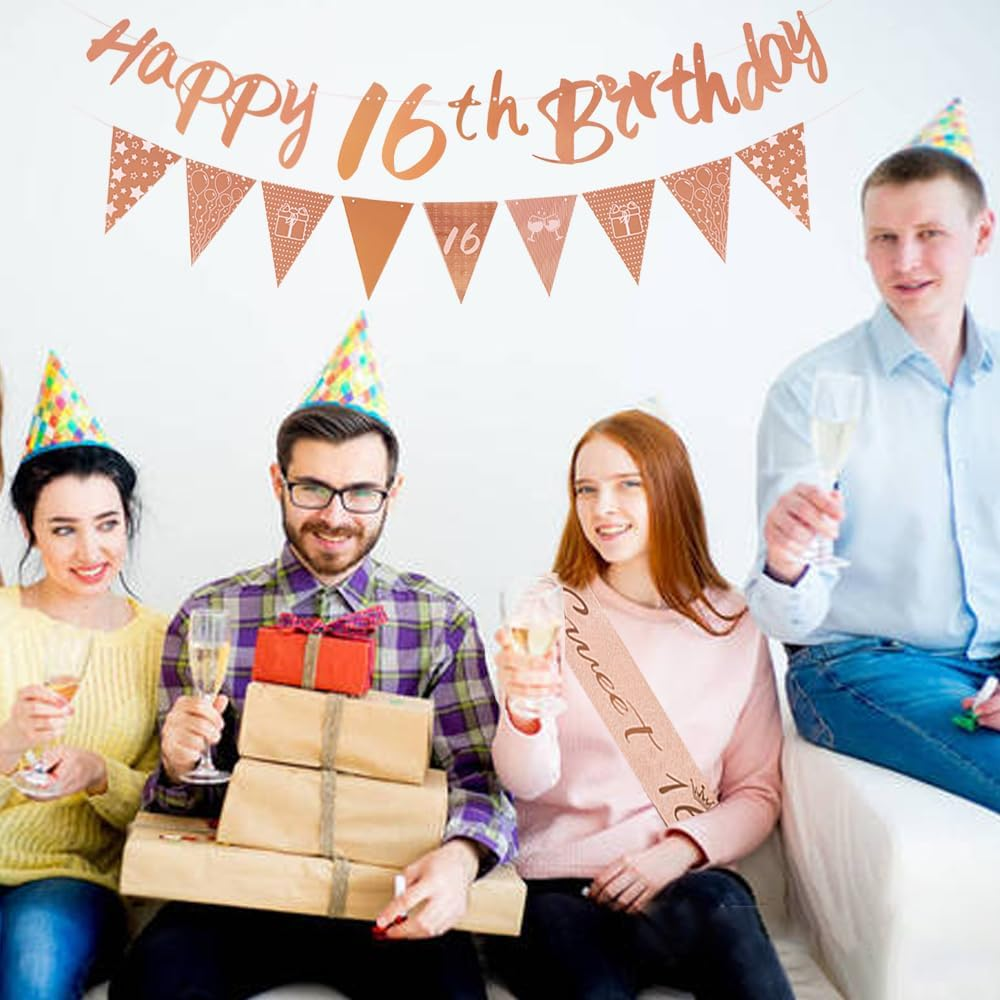 Happy 16Th Birthday Party Supplies for Women Girls,Rose Gold Happy 16Th Birthday Banner Bunting,Triangle Banner Flag Sash Hanging Swirls Streamers for Women Birthday Party Decoration (16Th) image number 3