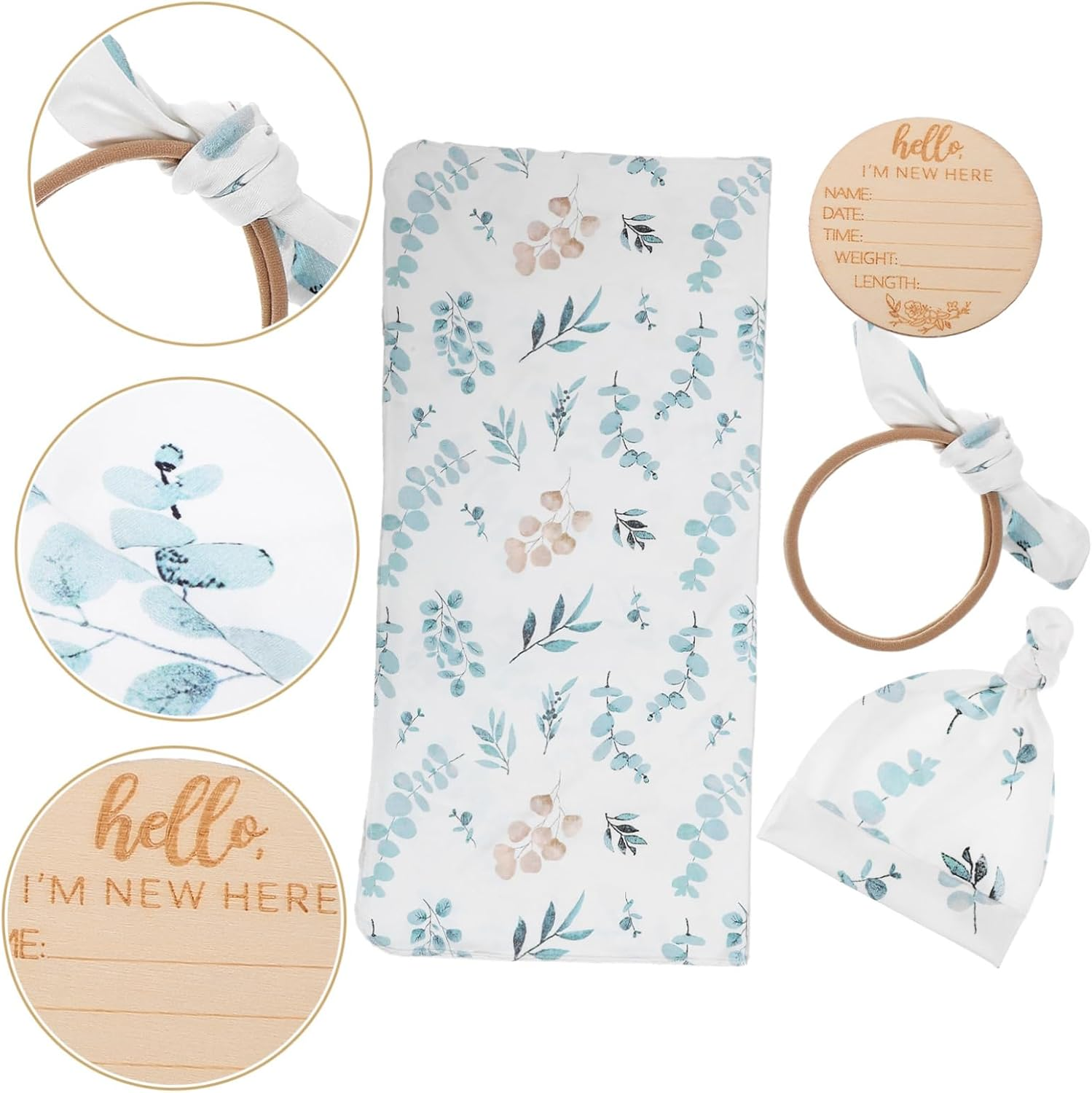 Newborn Swaddle Set for Baby Girl Headband and Eucalyptus Leaf Print, Infant Receiving Blanket, Soft Wrap Swaddle, Hat and Wooden Birth Announcement Sign, 4Pcs Set