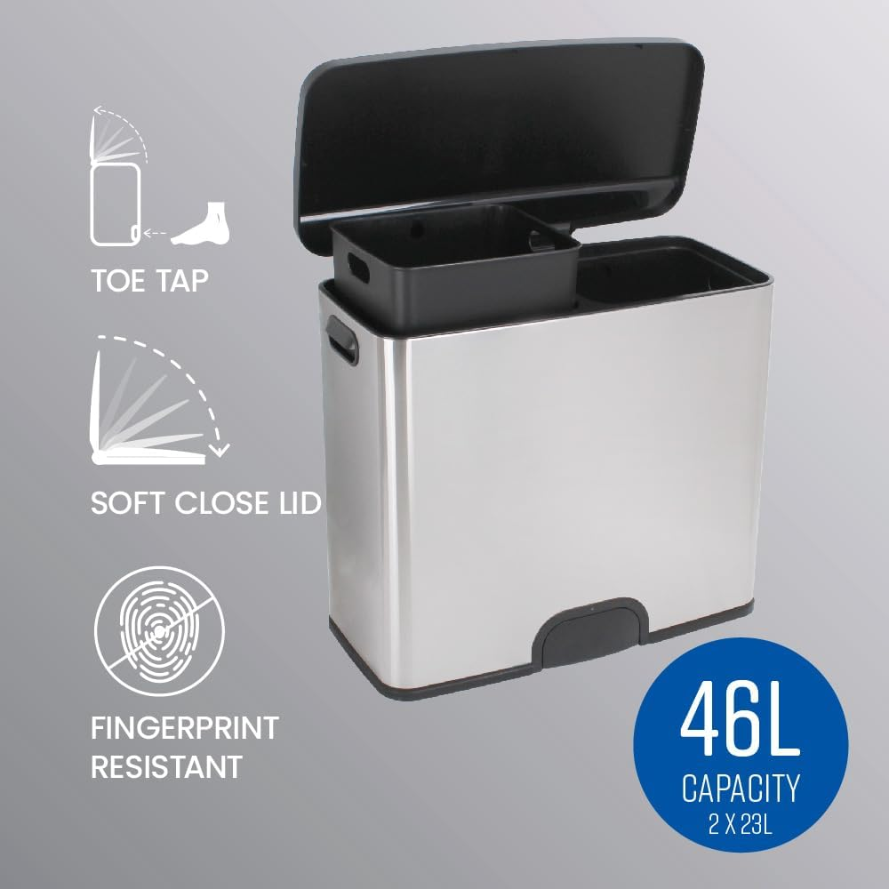 White Magic Smart Bin Duo &ndash; 46L, Toe Tap Operation, Dual 23L Bins for Recycling & General Waste, Soft Close Lid, Stainless Steel, Fingerprint-Free, Battery-Powered with 10,000 Cycles, 1-Year Warranty image number 6