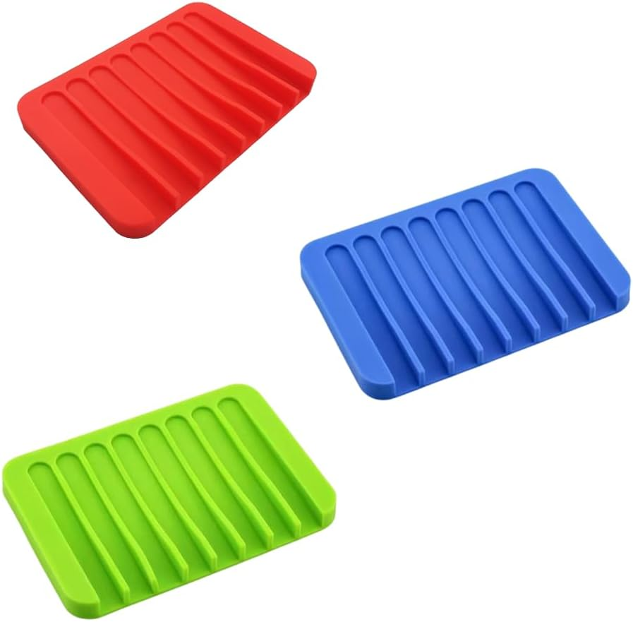 3 Pack Self Draining Soap Holder Set, Silicone Soap Dish & Sponge Tray for Bathroom, Shower, Kitchen - Durable, Anti-Slip, Easy Clean Soap Saver - Ideal for Bar Soap, Shampoo, Bath Sponges