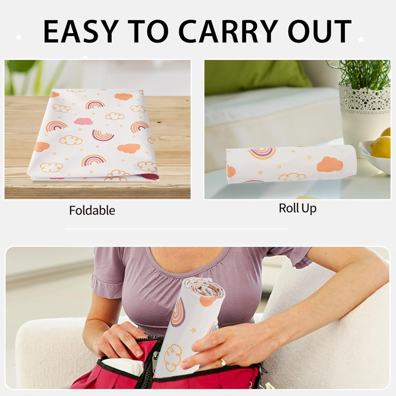 Baby Changing Mat Vegan Leather - Wipeable Diaper Changing Pad for Travel, Foldable Portable Changing Pad for Diaper Bag, Newborns Toddlers Shower Gifts (20"*28") (Rainbow) image number 2