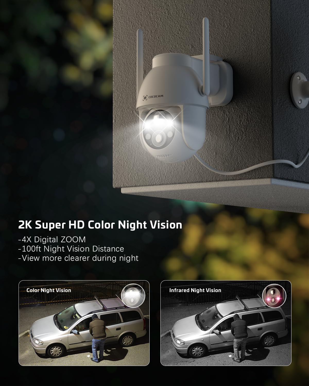 COCOCAM 2PCS Solar Camera Outdoor Wireless, 2K PTZ 2.4Ghz Wi-Fi, Home Security, AI Motion Detection, Color Night Vision, 2-Way Audio, IP66, Cloud image number 2