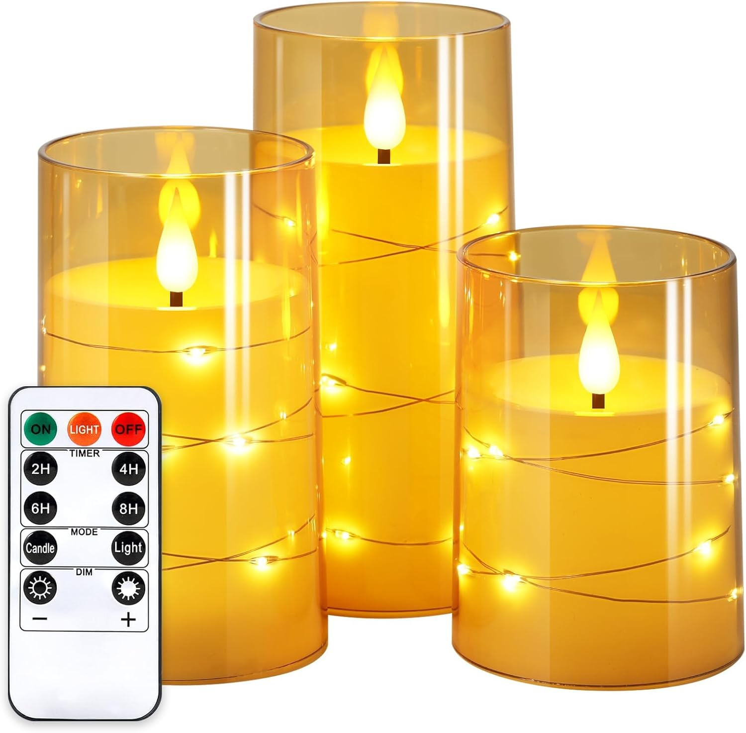Flickering Flameless Candles: Built-In Star String Lights Unbreakable 3D Wick Acrylic Battery Operated LED Pillar Candles with Remote (White, 4" 5" 6")