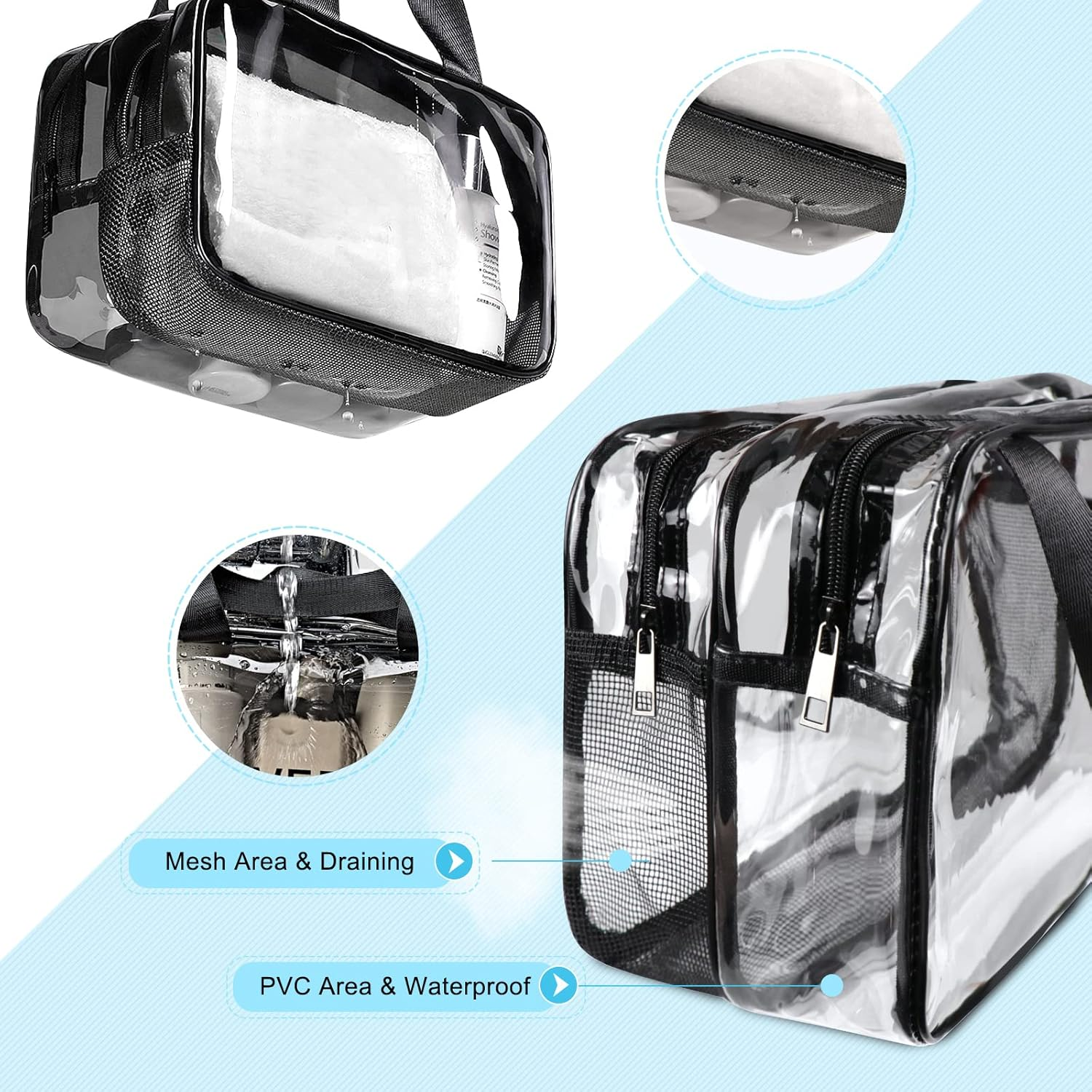 Hysagtek Clear Cosmetics Bag Toiletry Shower Bag, Large Travel Bag for Toiletries with Zipper, Waterproof & Draining PVC Makeup Tote Bag Bathroom Mesh Caddy for Gym Travel Business Camping Beach Spa, Black, Clear image number 6
