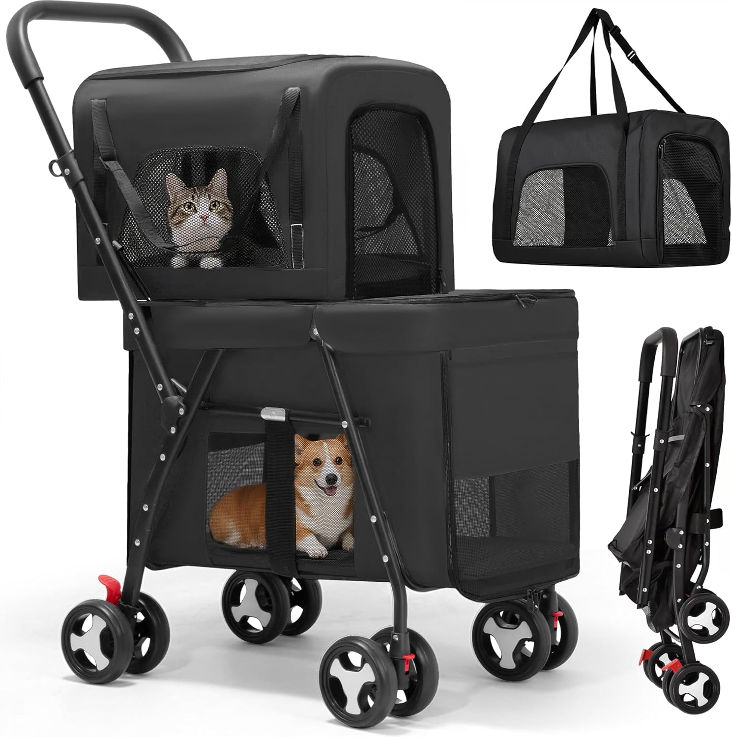 Advwin Double Pet Stroller for Dogs and Cats, 3-In-1 Dog Jogger Stroller Foldable Travel Carriage with Detachable Carriers, Safety Belts, and Lockable Wheels for Multi-Pet Homes image number 1