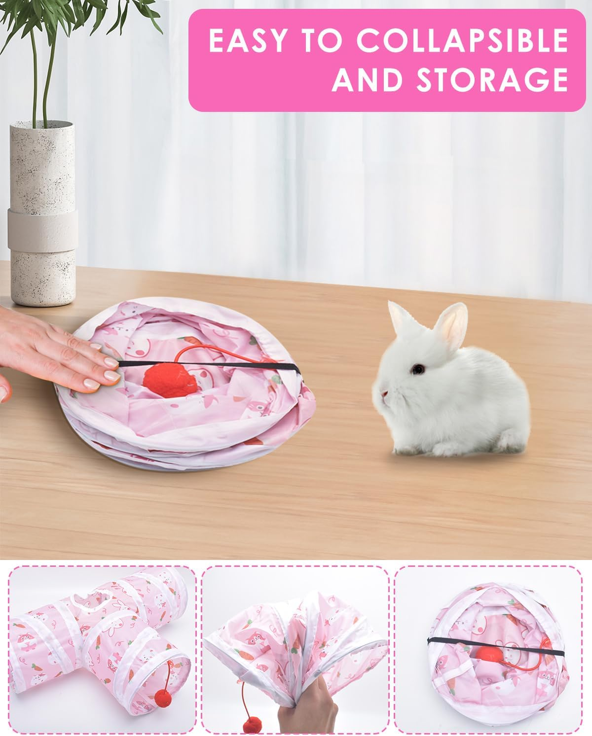 Bissap Rabbit Tunnel, Collapsible Bunny Tunnel and Tube 3 Ways Pet Hideout with 1 Play Ball for Indoor Kittens Dwarf Rabbits Bunnies Guinea Pigs Chinchillas Small Animal Activity Fun Toys (Pink) image number 2