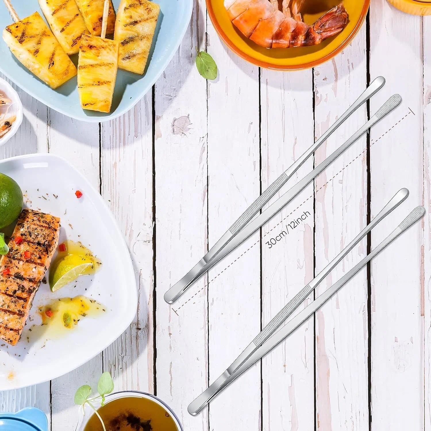 Extra-Long 12-Inch Kitchen Tweezers for Cooking and BBQ, Stainless Steel Tweezer Tongs with round Tips - 2-Piece Set, Leralsta image number 4