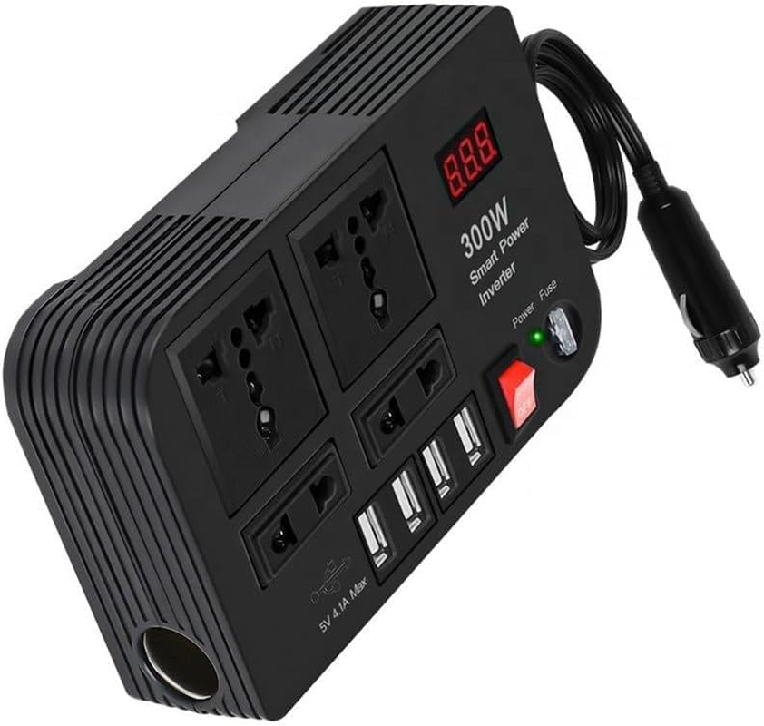 Car Power Inverter,Pure Sine Wave Inverter,300W Car Inverter DC 12V to AC 220V Converter Outlets 4 USB Fast Charging Socket,Suitable for Car,Black image number 1