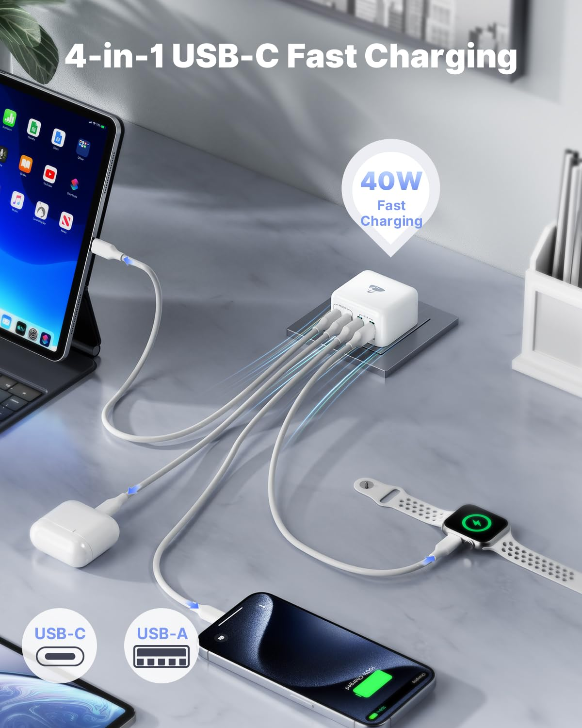 Aioneus USB C Charger, 40W USB C Plug 4-Port USB Charger Plug with Dual PD Type C and QC3.0 USB-A Fast Charging Port Multi Wall Charger Power Adapter AU Plug for Iphone 15, Ipad, Samsung, Lapto image number 4