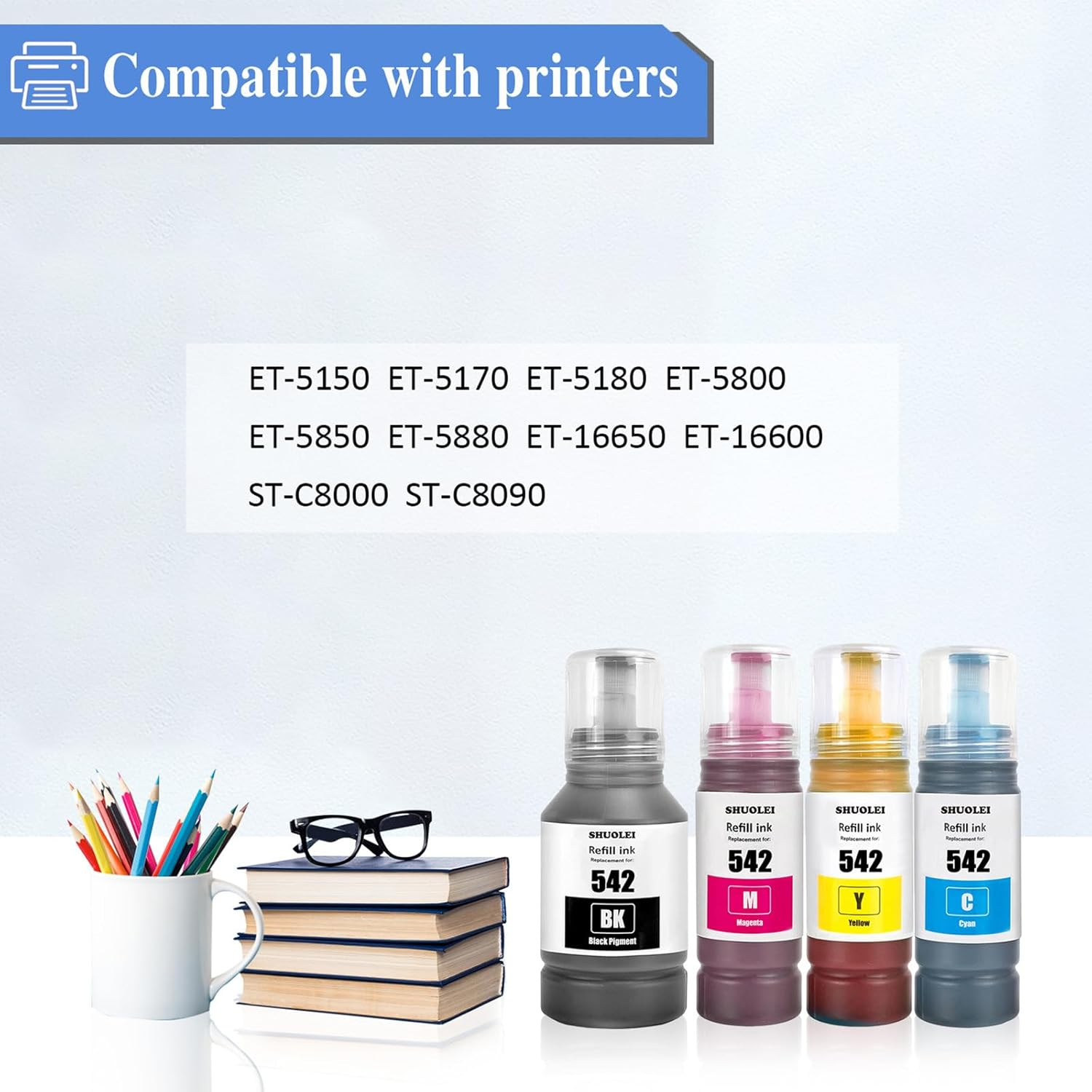 542 Ink Compatible Refill Bottle Ink 542 T542 Work for Ecotank Pro ET-5150 ET-5170 ET-5180 ET-5800 ET-5850 ET-5880 ET-16650 ET-16600 Workforce ST-C8000 (4 Packs, BK/C/M/Y)