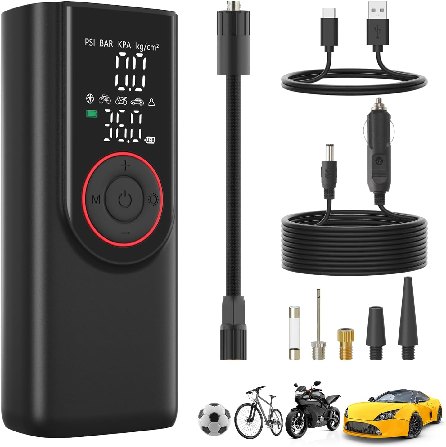 Tyre Inflator Portable Air Compressor, 150PSI 6000Mah Electric Cordless Air Pump with Pressure LCD Digital Pressure Gauge & LED Light, Auto Tyre Pump for Car, Motorcycle, Bike, Ball image number 2